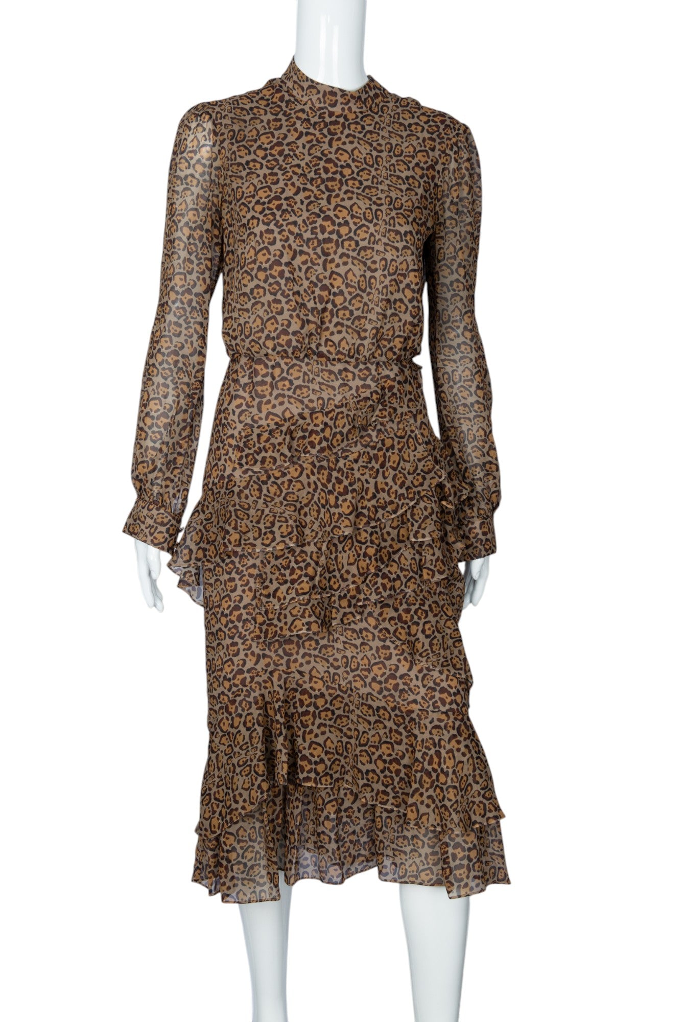 SALONI Beige Silk Leopard Print Midi Dress Size 4
