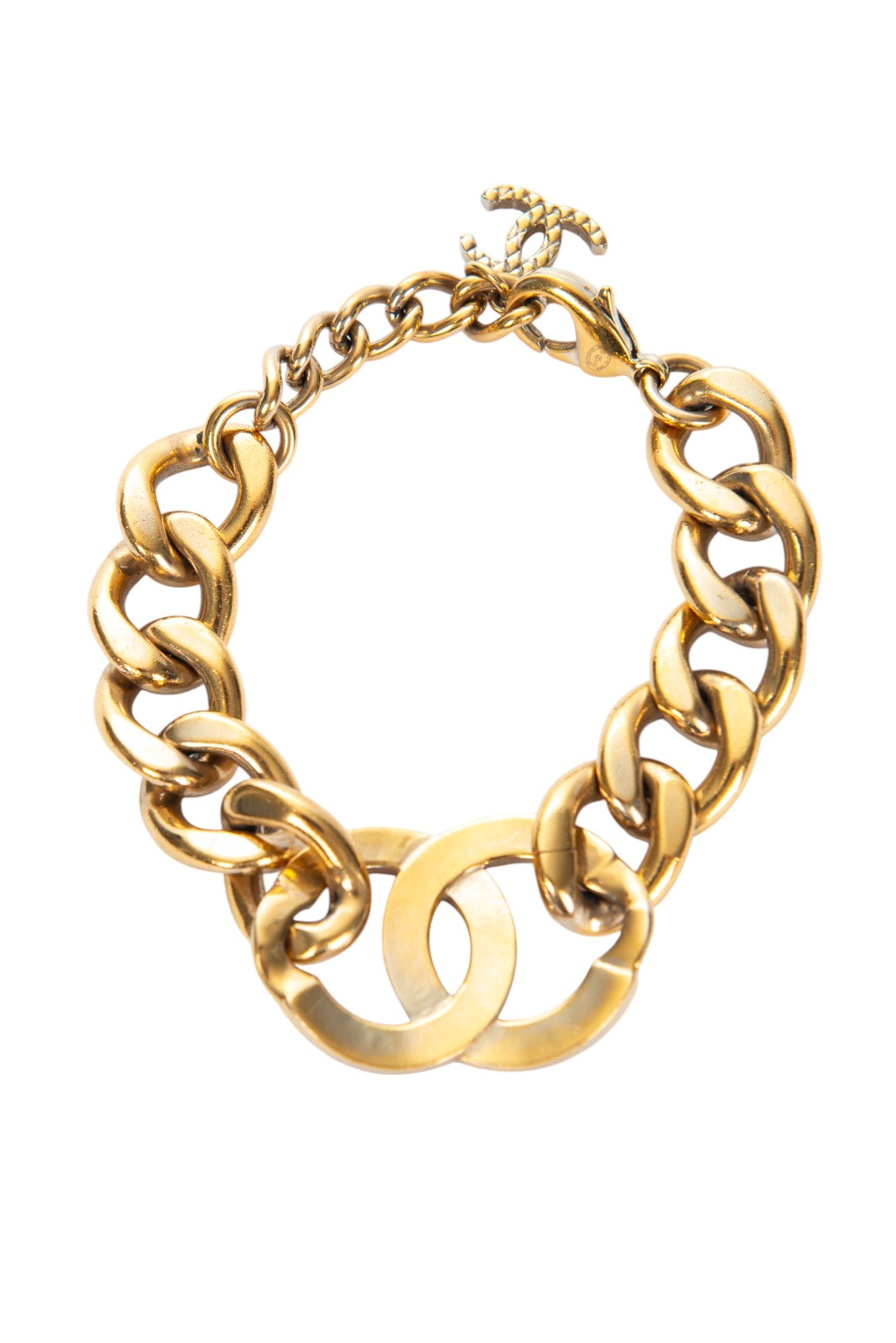 CHANEL Gold CC Quilted Crystal Link Chain Bracelet