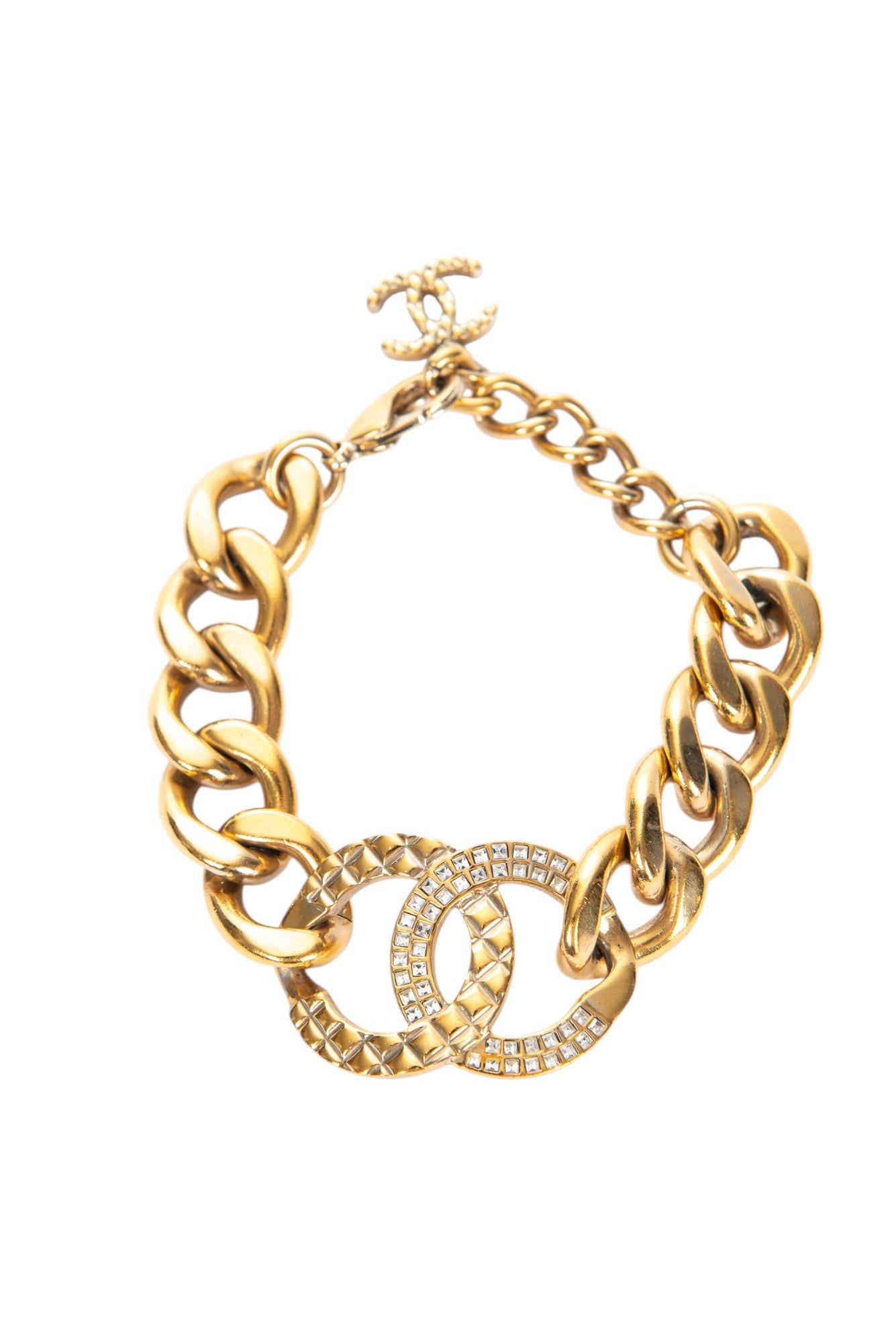 CHANEL Gold CC Quilted Crystal Link Chain Bracelet
