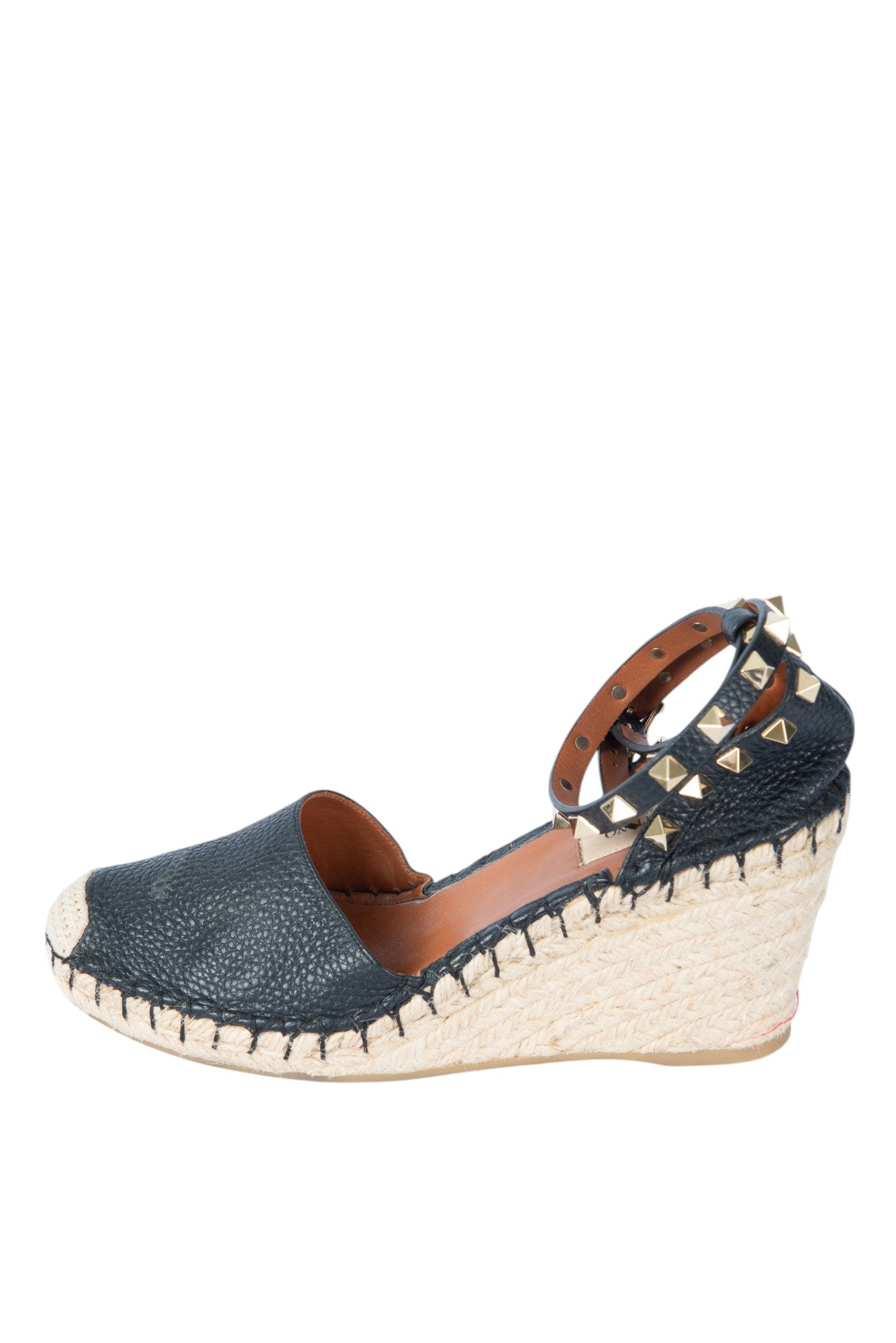 VALENTINO GARAVANI Black Leather Rockstud Wedge Espadrilles Size 37 US 7