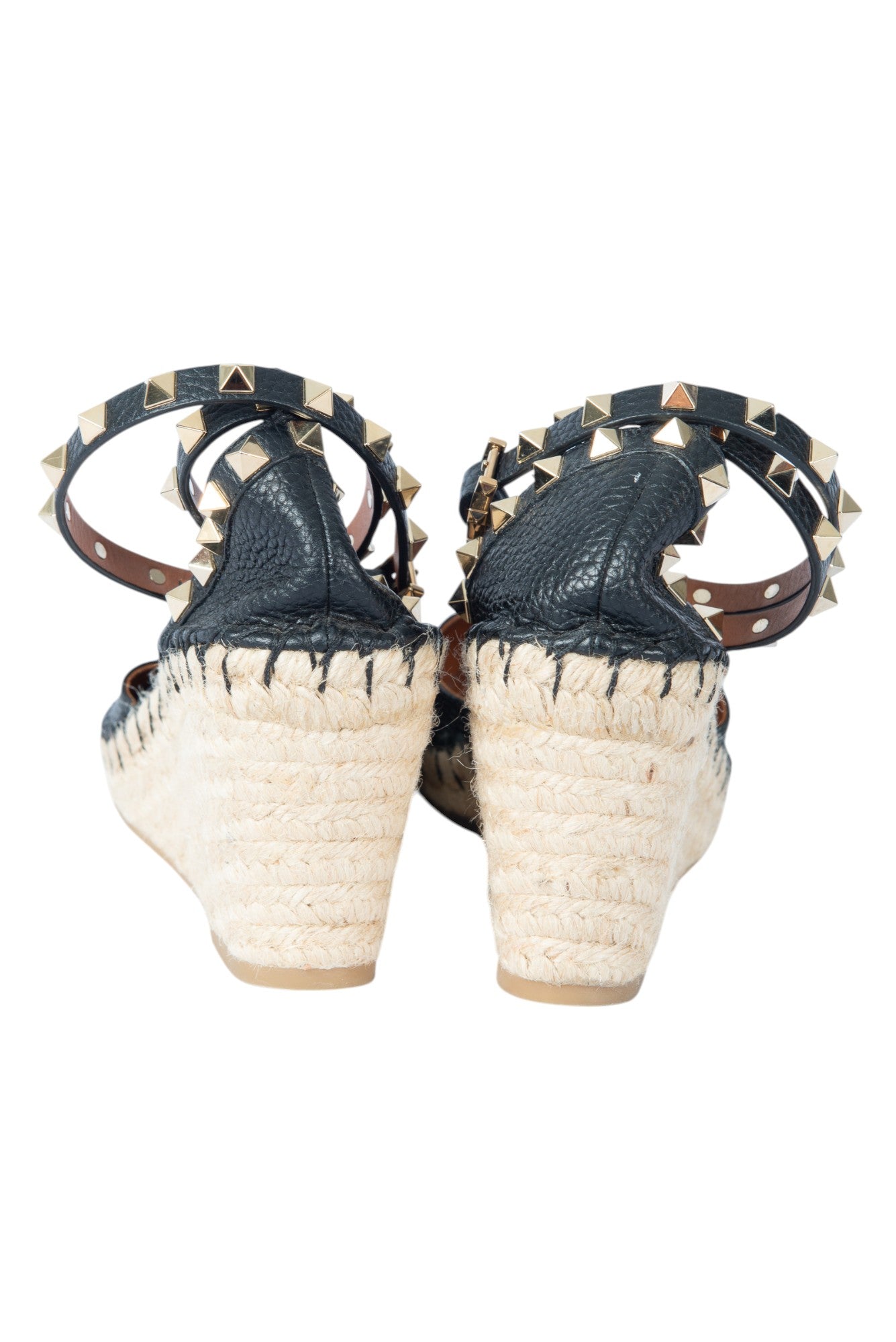 VALENTINO GARAVANI Black Leather Rockstud Wedge Espadrilles Size 37 US 7