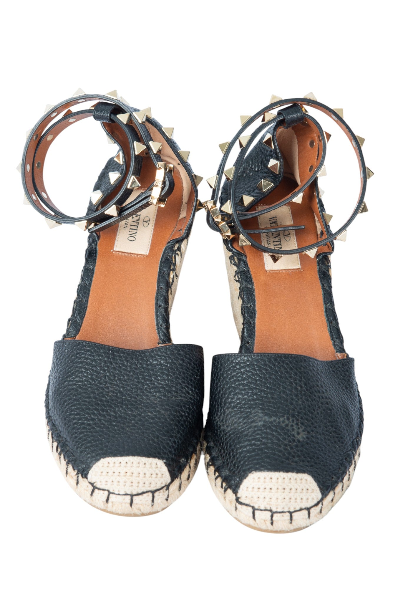 VALENTINO GARAVANI Black Leather Rockstud Wedge Espadrilles Size 37 US 7