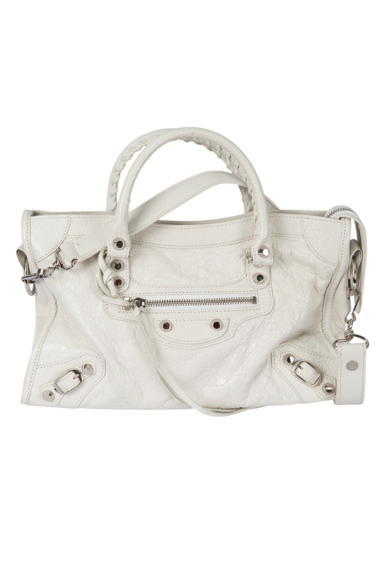 BALENCIAGA White Leather Classic Motorcycle City Bag