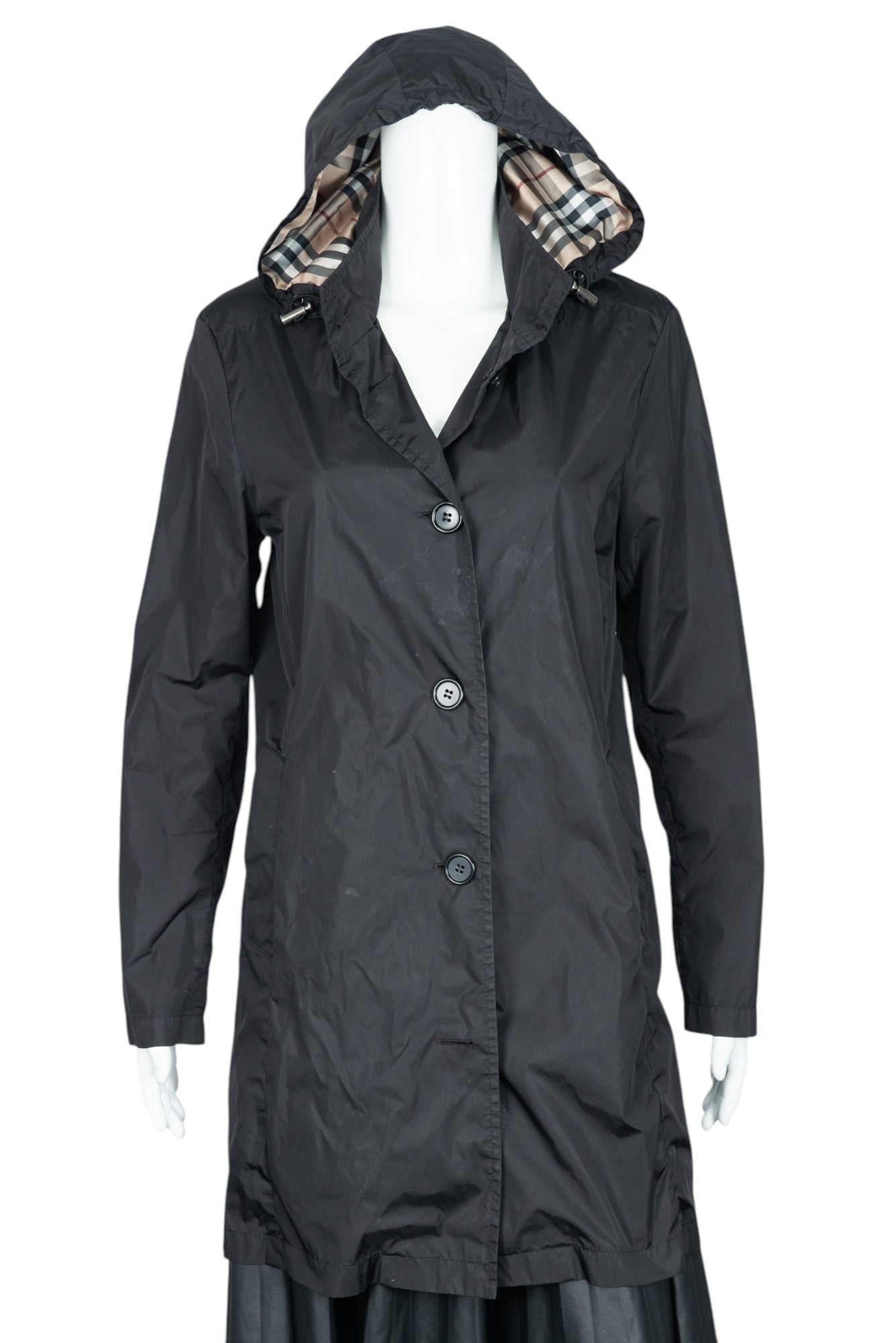 BURBERRY Black Nylon Hooded Trench Coat Size M