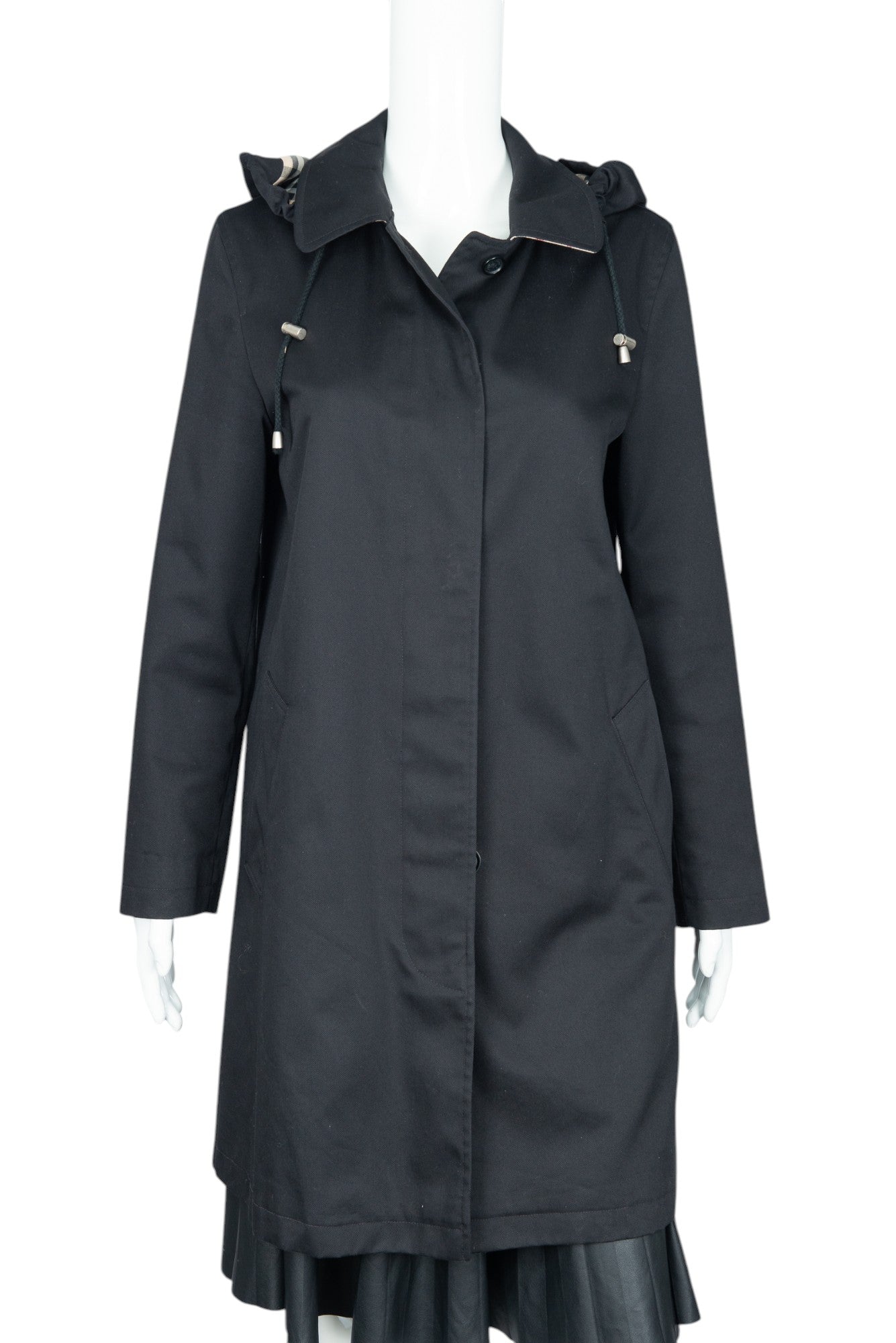 BURBERRY Black Cotton Blend Hooded Rain Coat Size 6