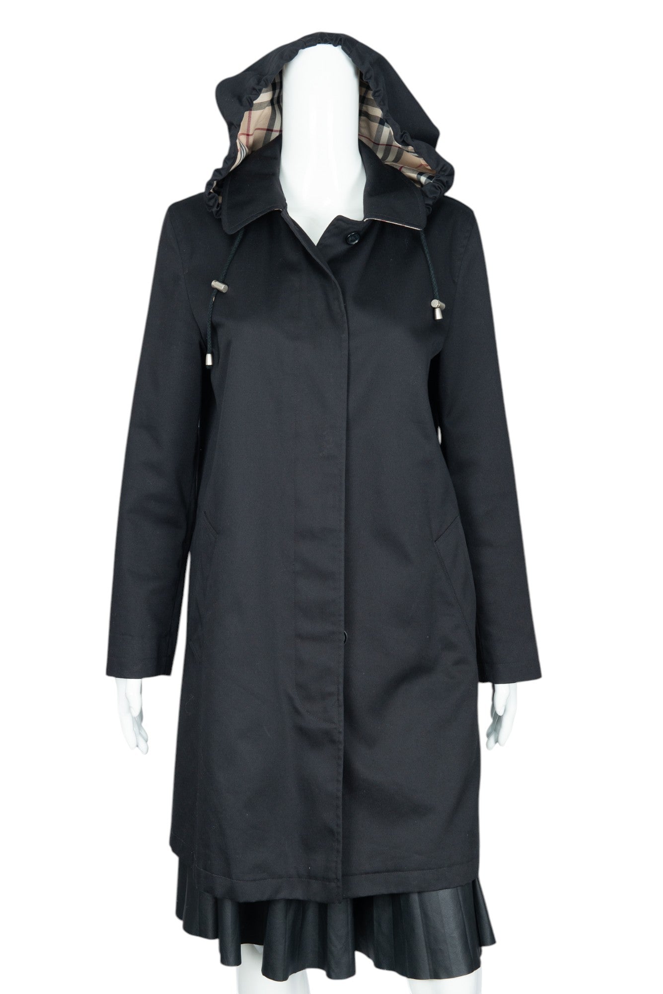 BURBERRY Black Cotton Blend Hooded Rain Coat Size 6