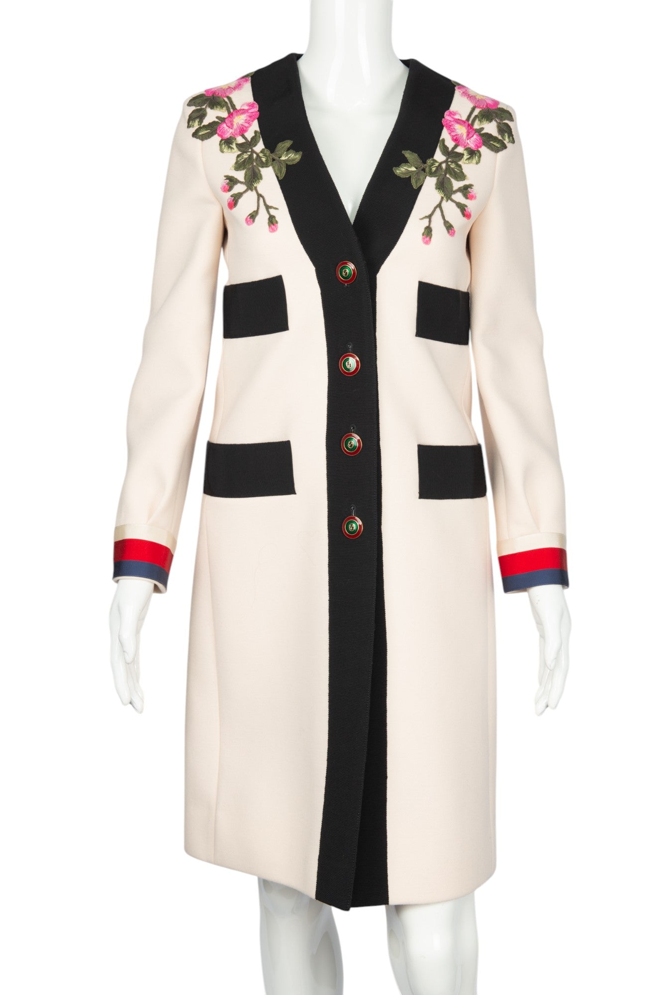 GUCCI Cream Wool Floral Appliqué Coat Size IT 36 US 0
