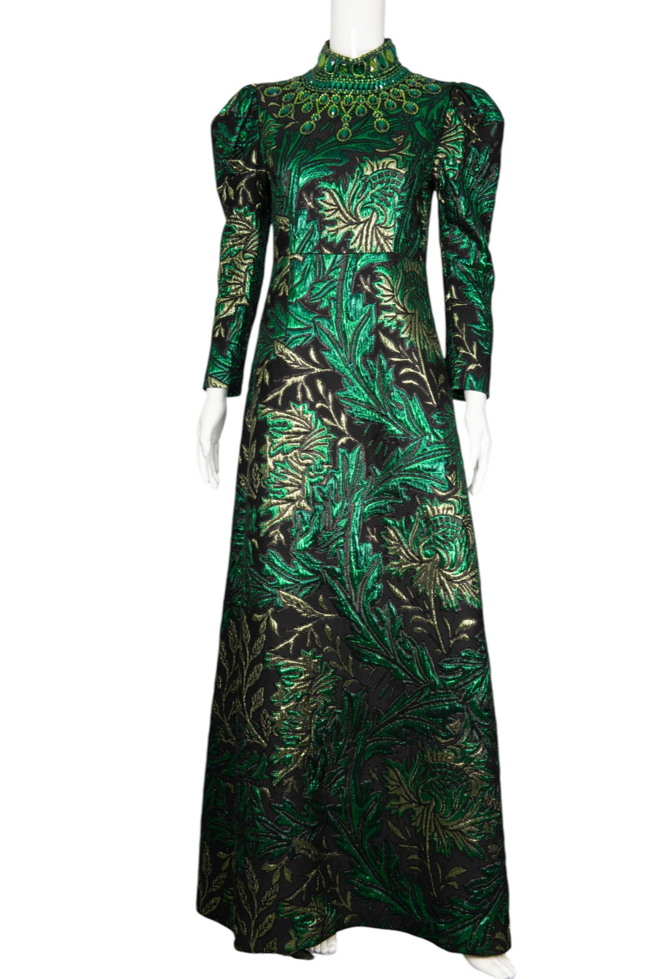 ANDREW GN Green Metallic Brocade Gown Size 40 US 8