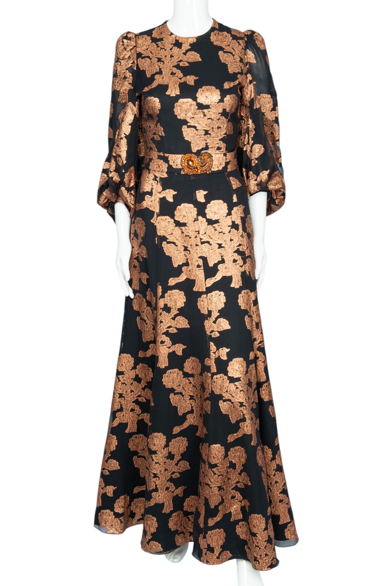ANDREW GN Black Gold Silk Floral Brocade Gown Size 34 US 2