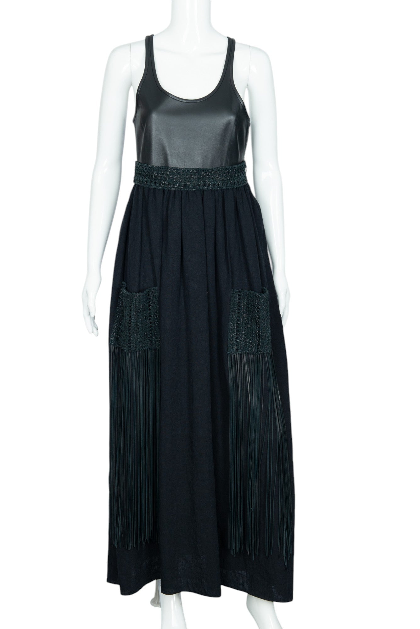 CHLOÉ Black Leather Linen Fringe Maxi Dress Size 34 US 2
