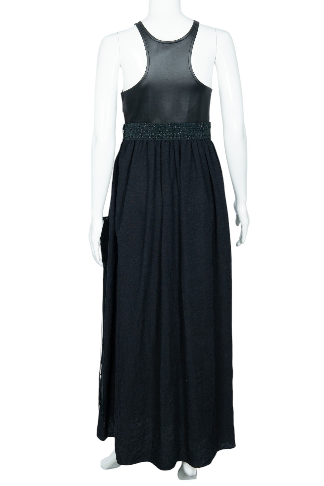 CHLOÉ Black Leather Linen Fringe Maxi Dress Size 34 US 2