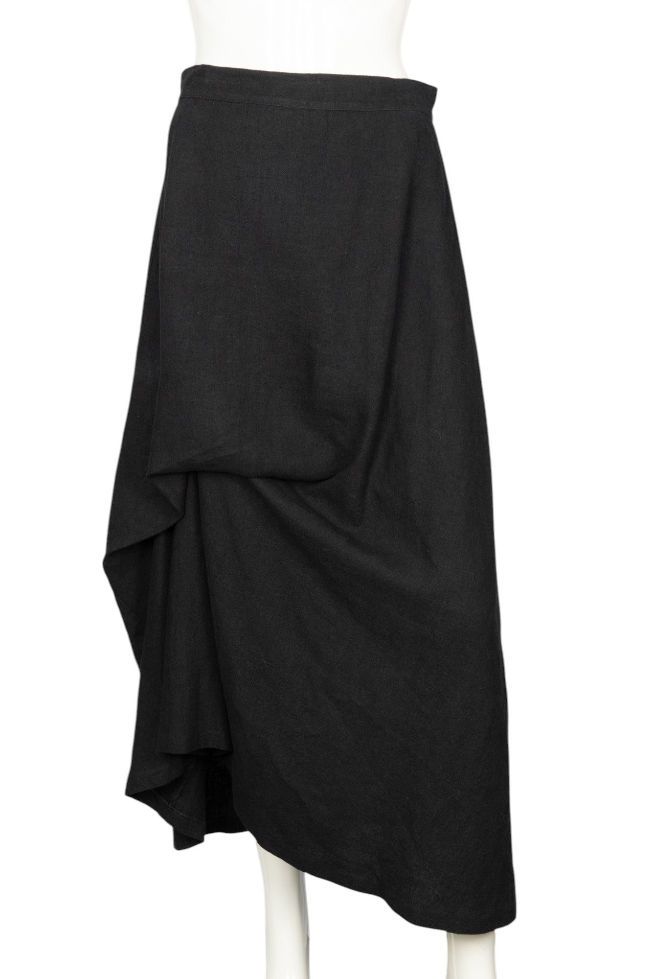 MORGANE LE FAY Black Silk Draped Asymmetrical Midi Skirt Size S