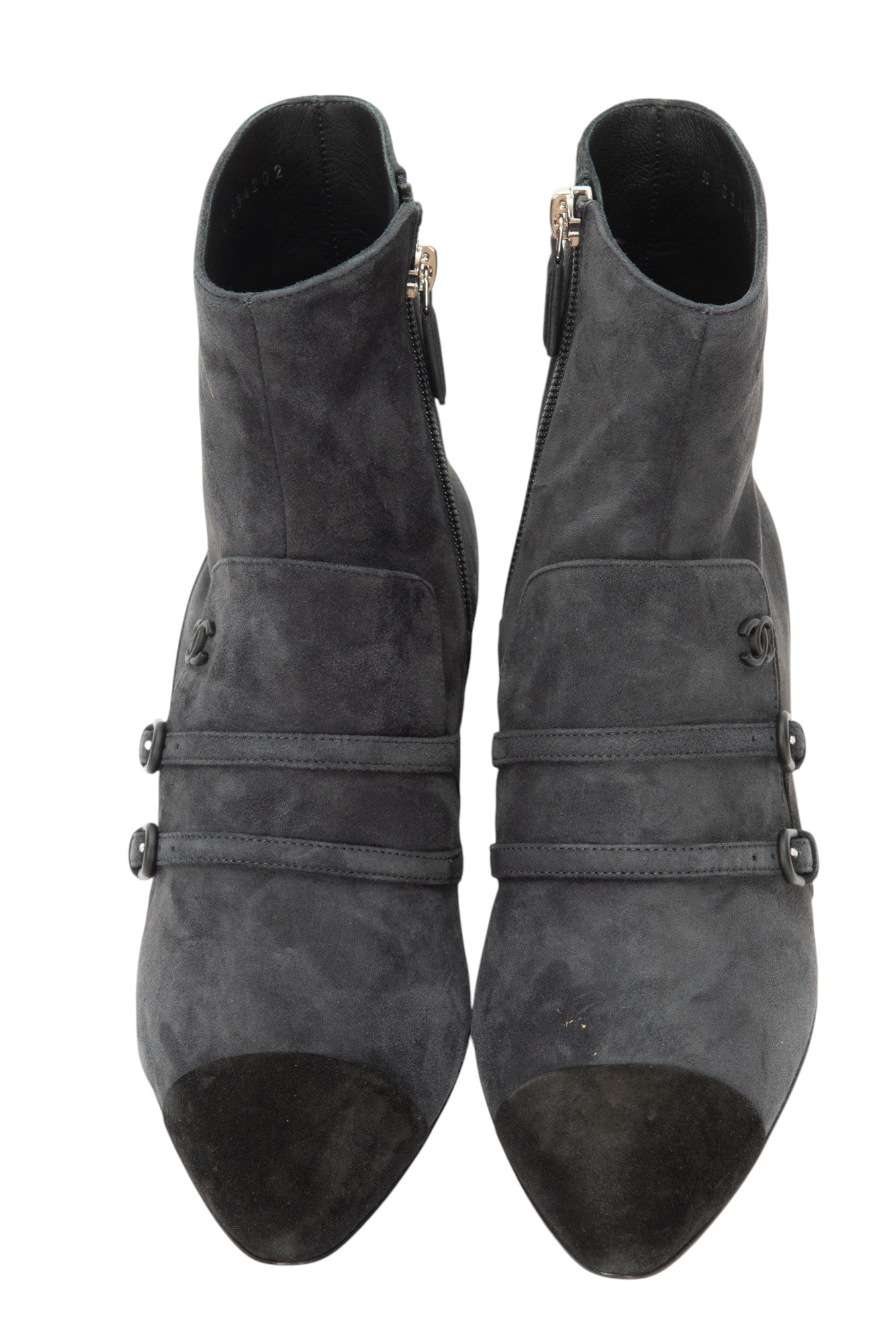 CHANEL Gray Suede Buckled Ankle Booties Size 37 US 7
