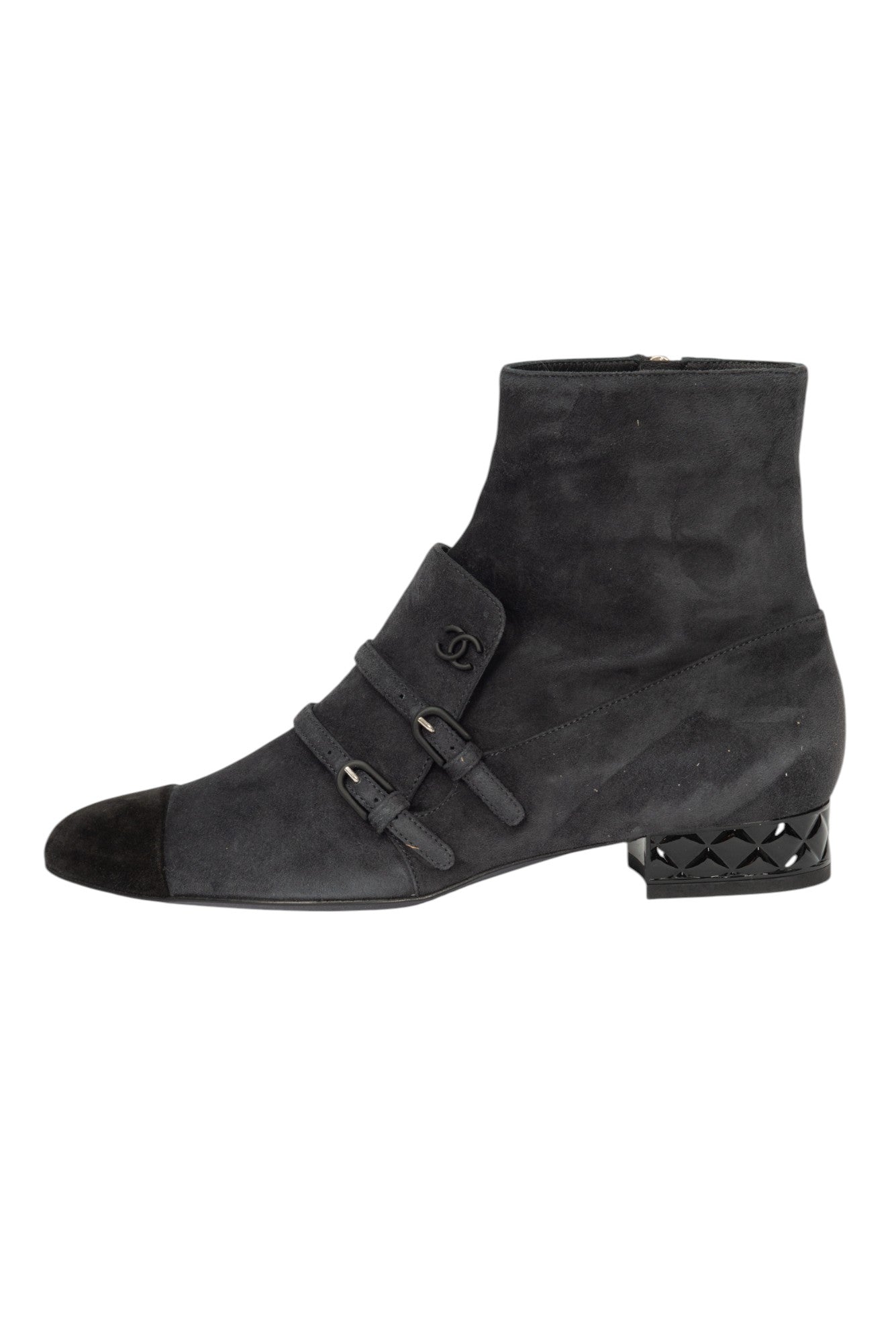 CHANEL Gray Suede Buckled Ankle Booties Size 37 US 7