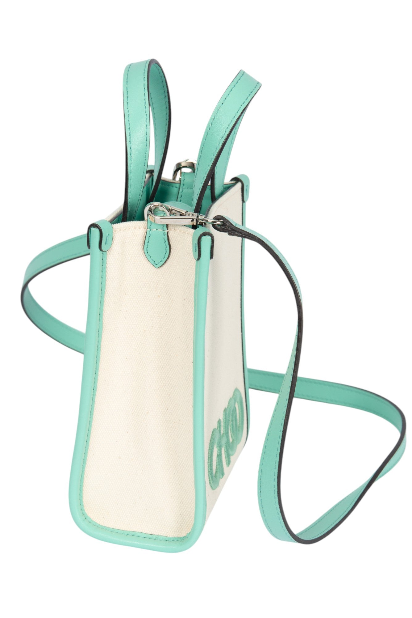 JIMMY CHOO Authentic Beige Teal Canvas Mini Tote Bag – AWE by Aurelle