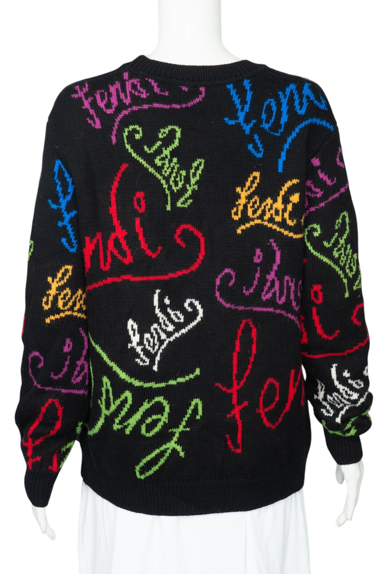 FENDI Black Wool Knit Logo Intarsia Sweatshirt Size 46 US 10