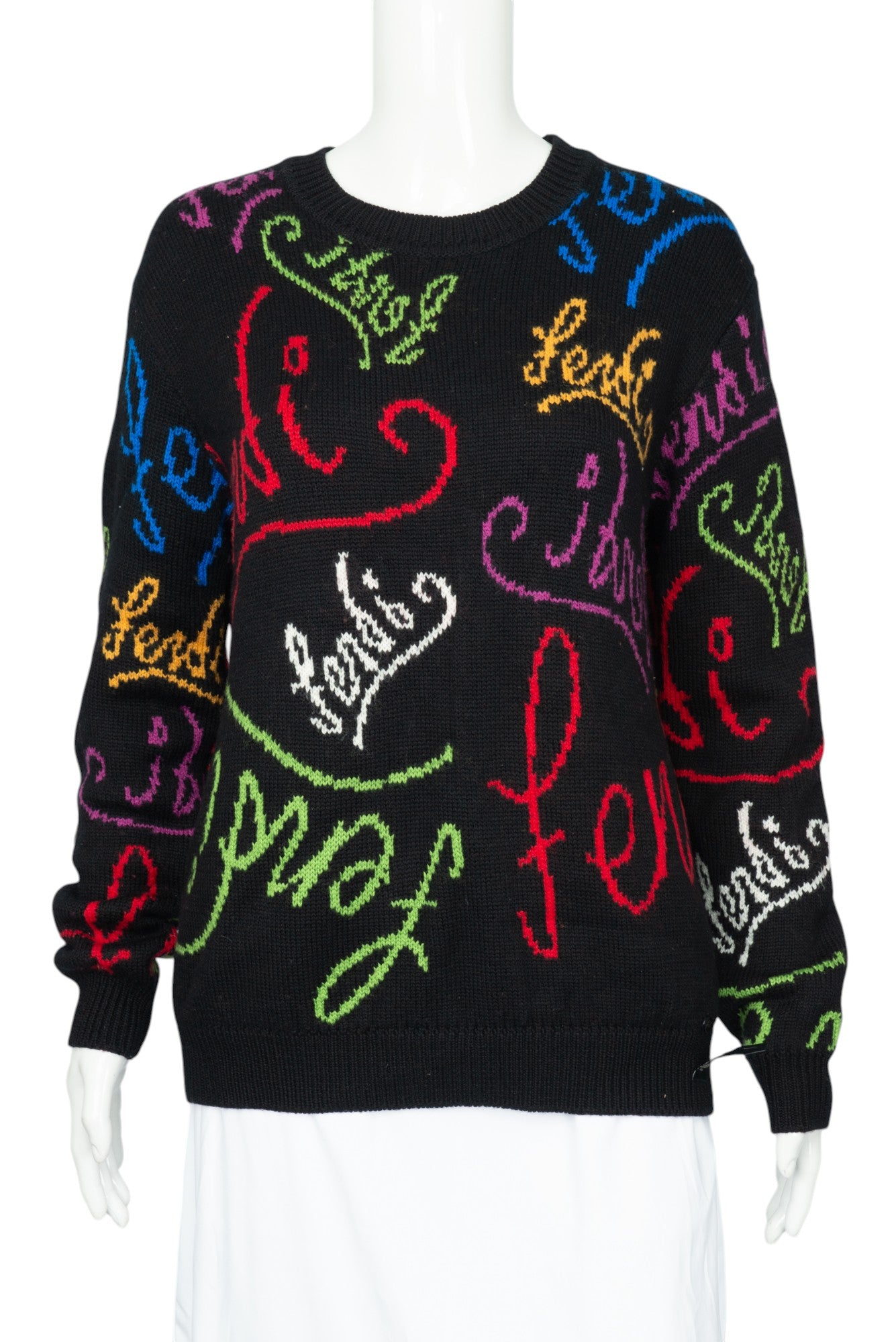 FENDI Black Wool Knit Logo Intarsia Sweatshirt Size 46 US 10