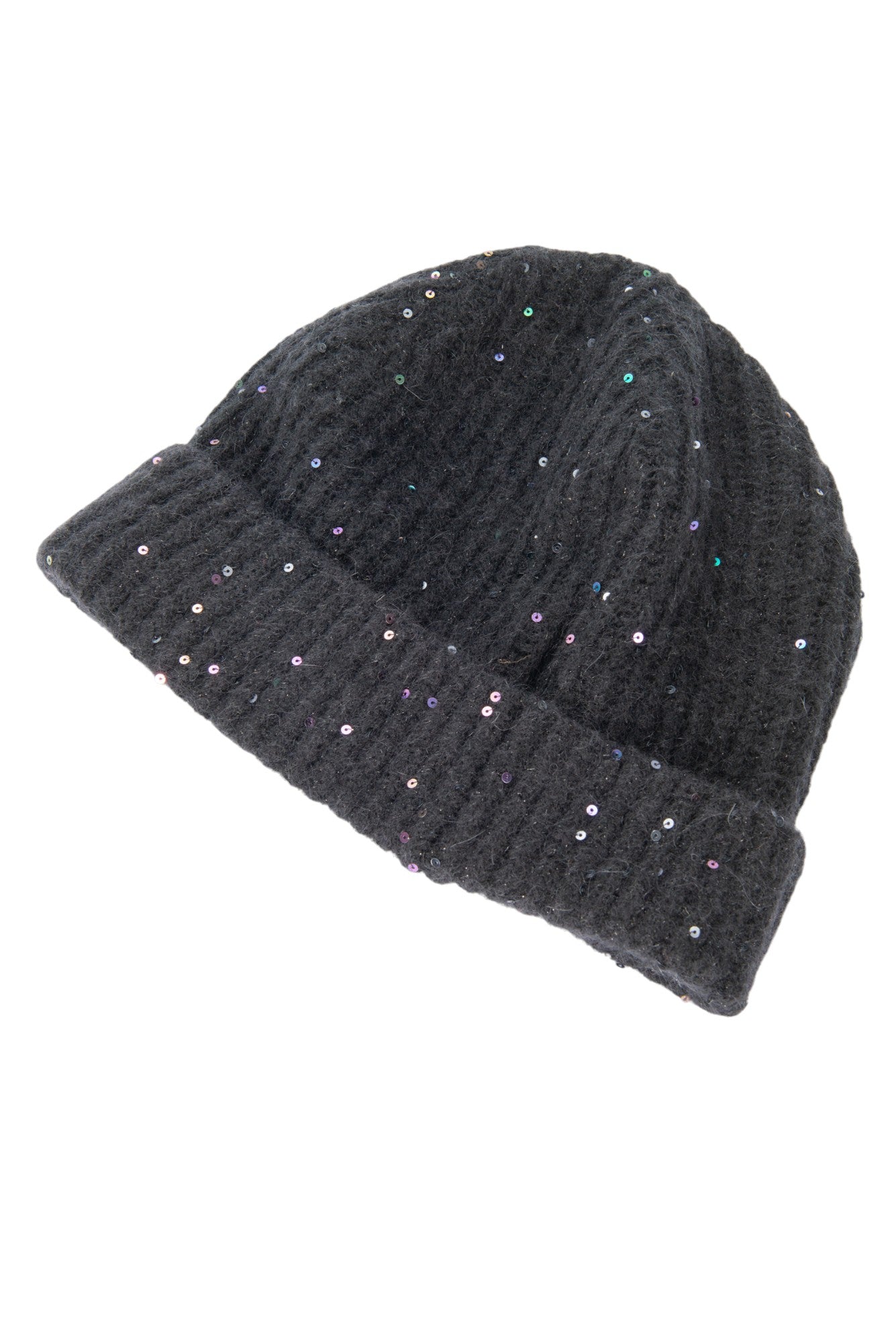 MONCLER Black Wool Knit Sequined Logo Beanie