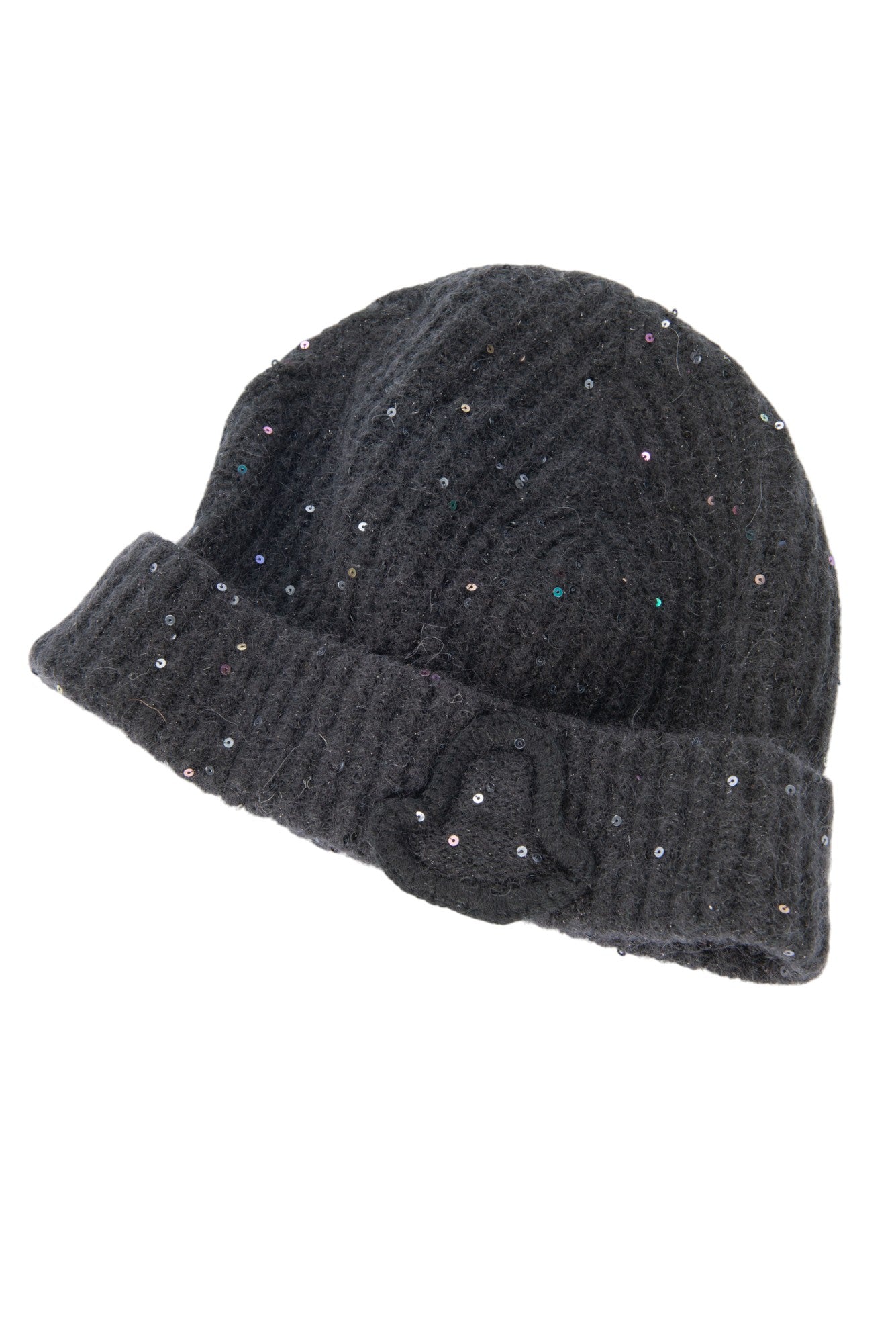 MONCLER Black Wool Knit Sequined Logo Beanie