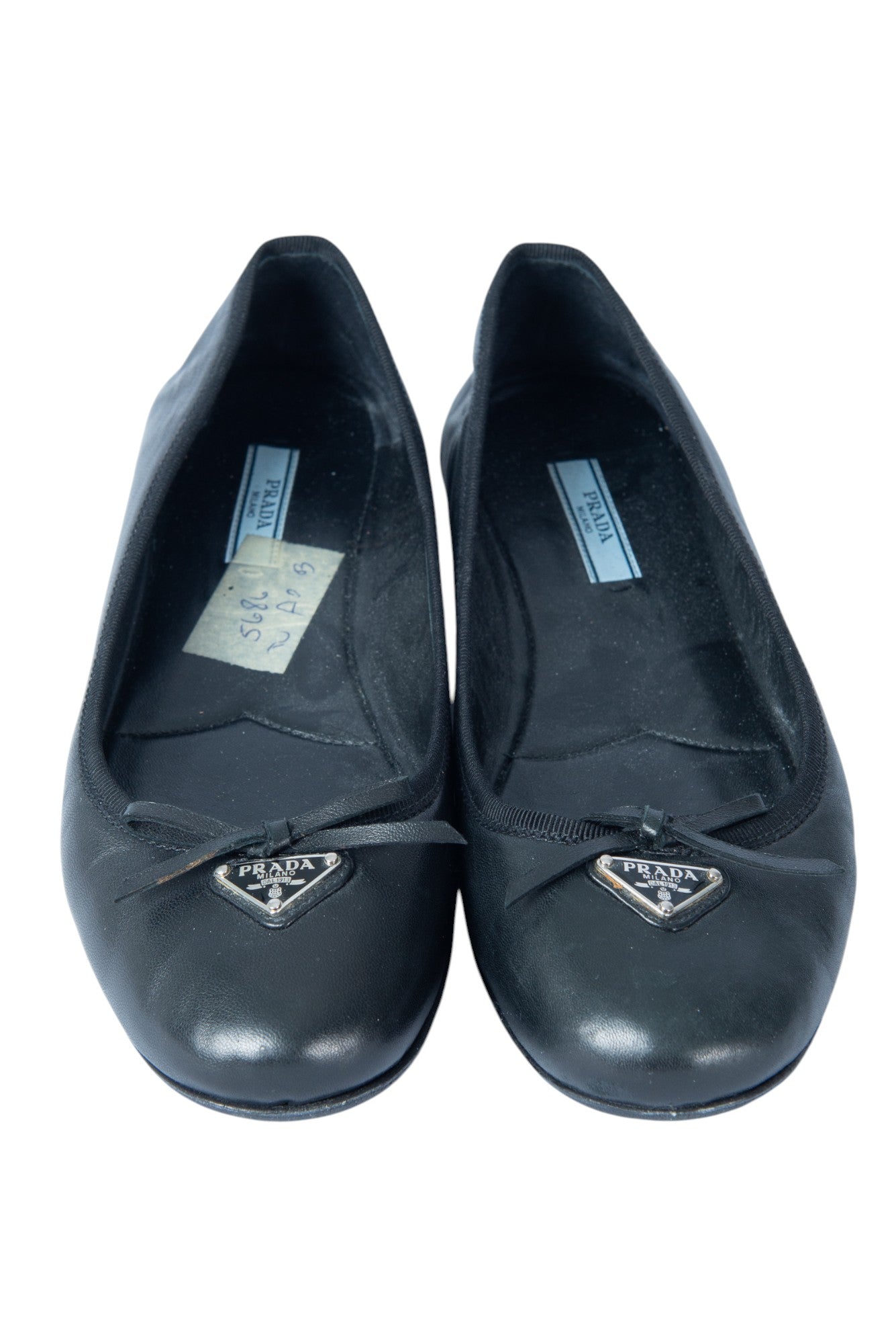 PRADA Black Leather Triangle Logo Bow Ballet Flats Size 37.5 US 7.5