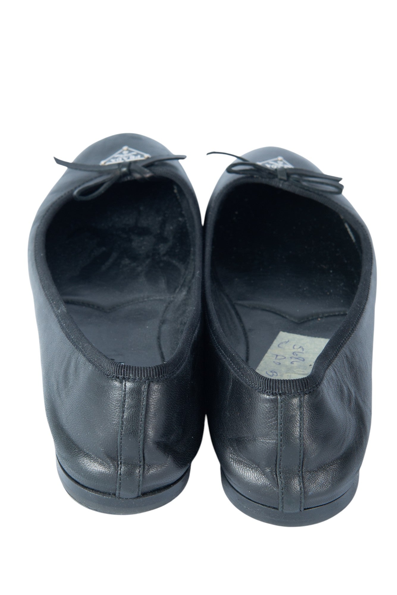 PRADA Black Leather Triangle Logo Bow Ballet Flats Size 37.5 US 7.5