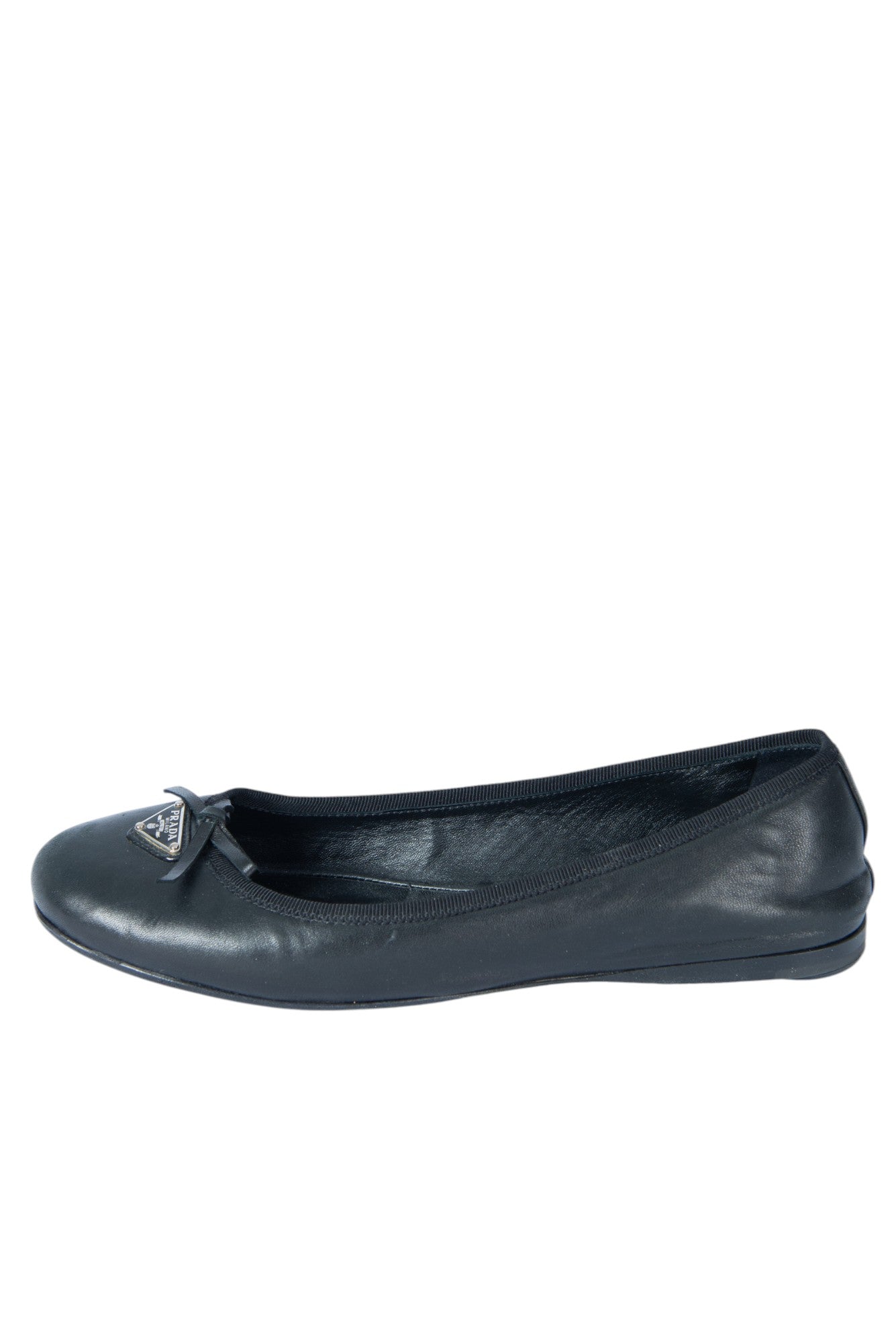 PRADA Black Leather Triangle Logo Bow Ballet Flats Size 37.5 US 7.5