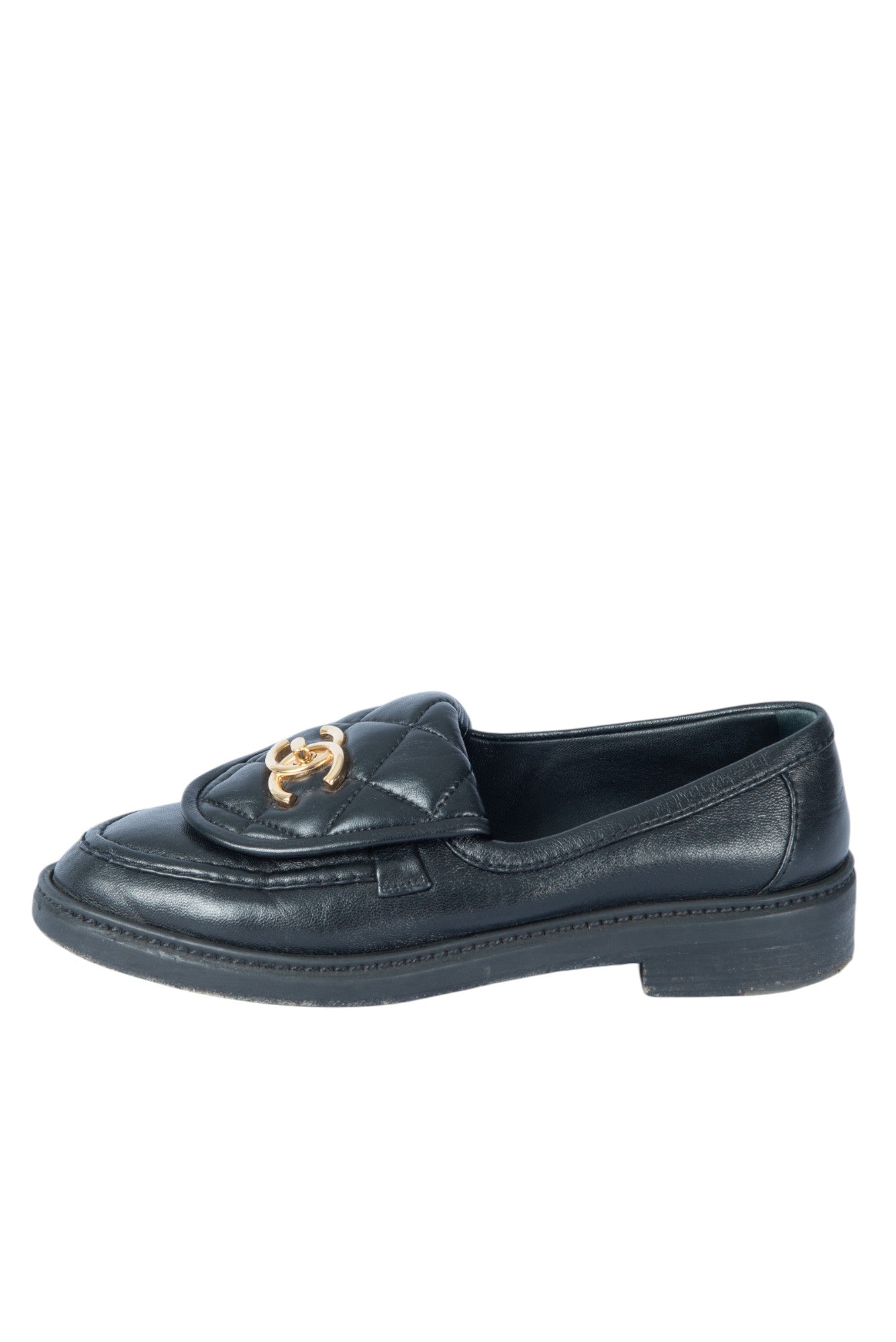 CHANEL Black Leather Interlocking CC Logo Loafers Size 35.5
