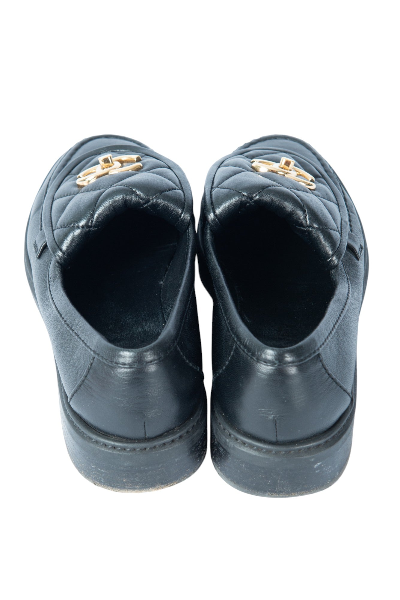 CHANEL Black Leather Interlocking CC Logo Loafers Size 35.5