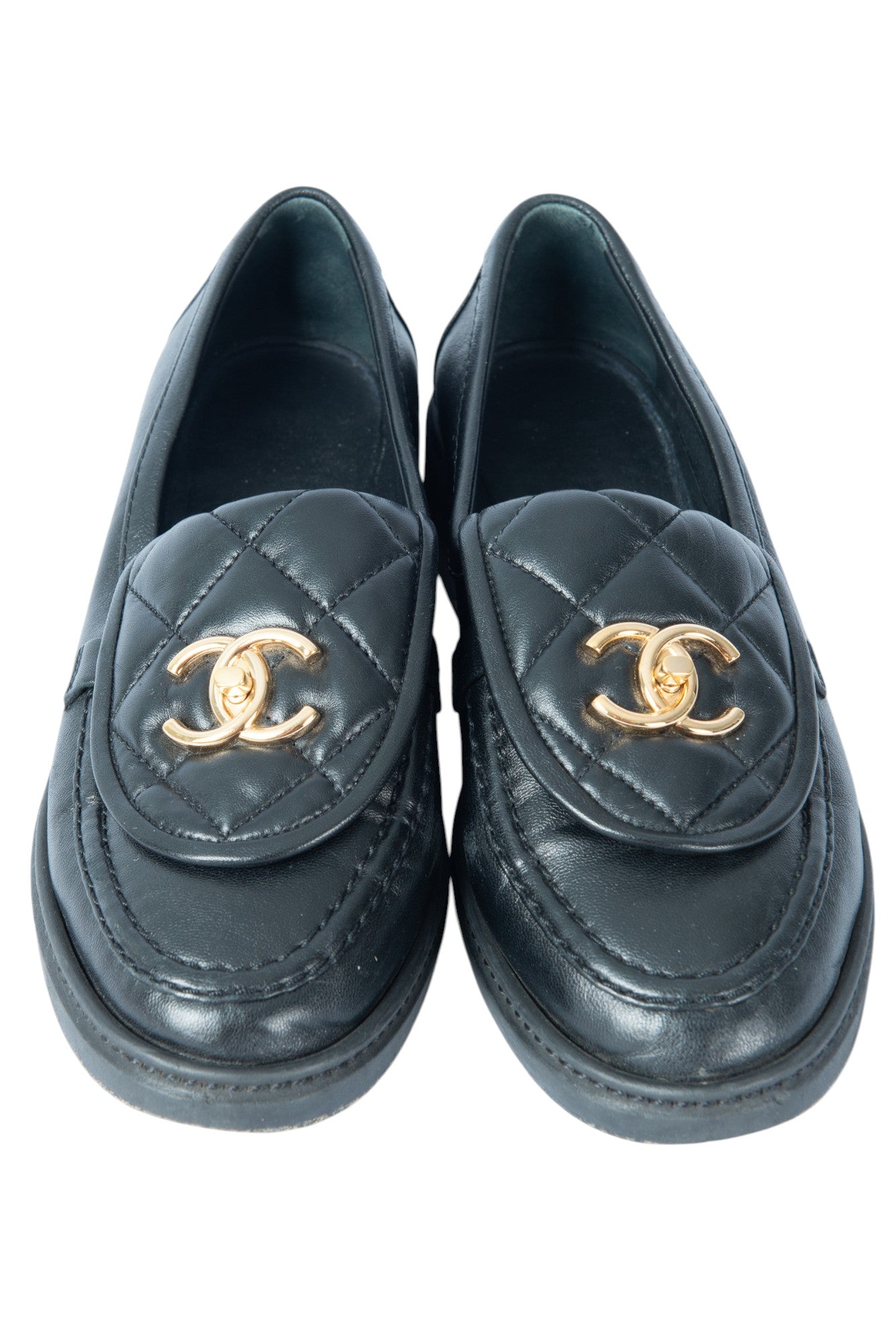 CHANEL Black Leather Interlocking CC Logo Loafers Size 35.5