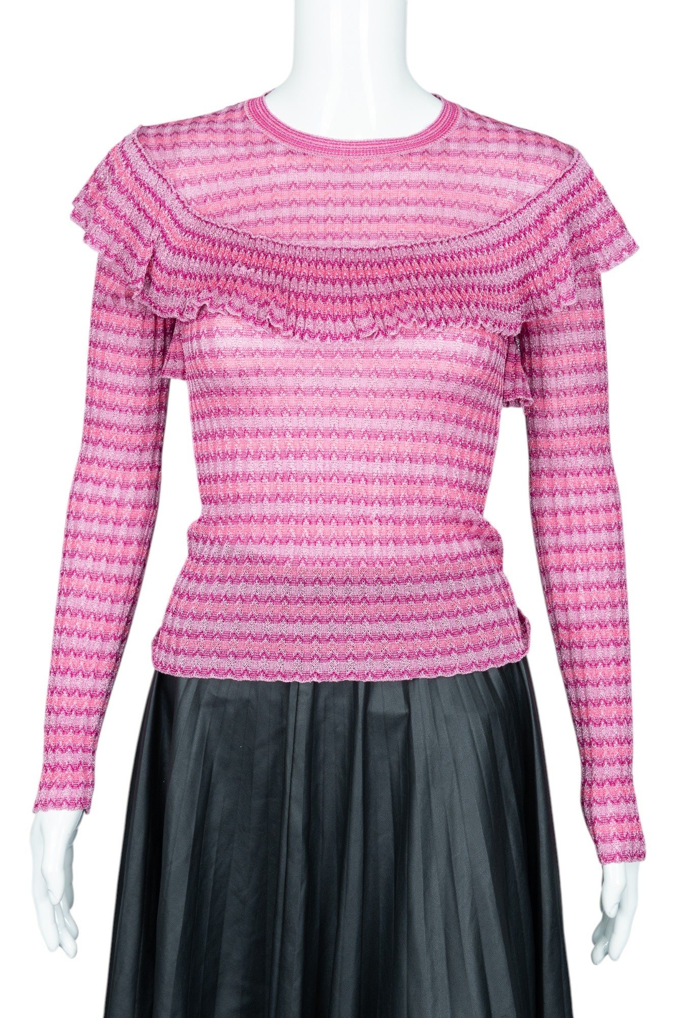 RED VALENTINO Pink Metallic Knit Striped Ruffle Sweater Size S