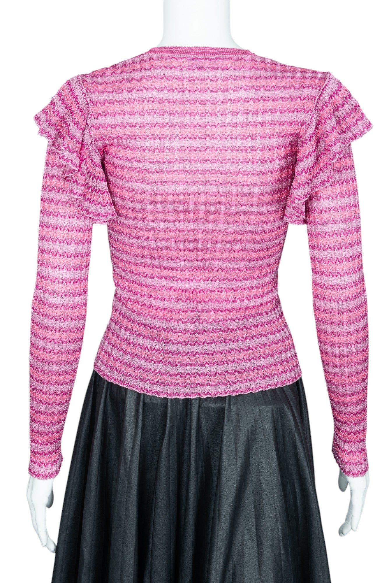 RED VALENTINO Pink Metallic Knit Striped Ruffle Sweater Size S