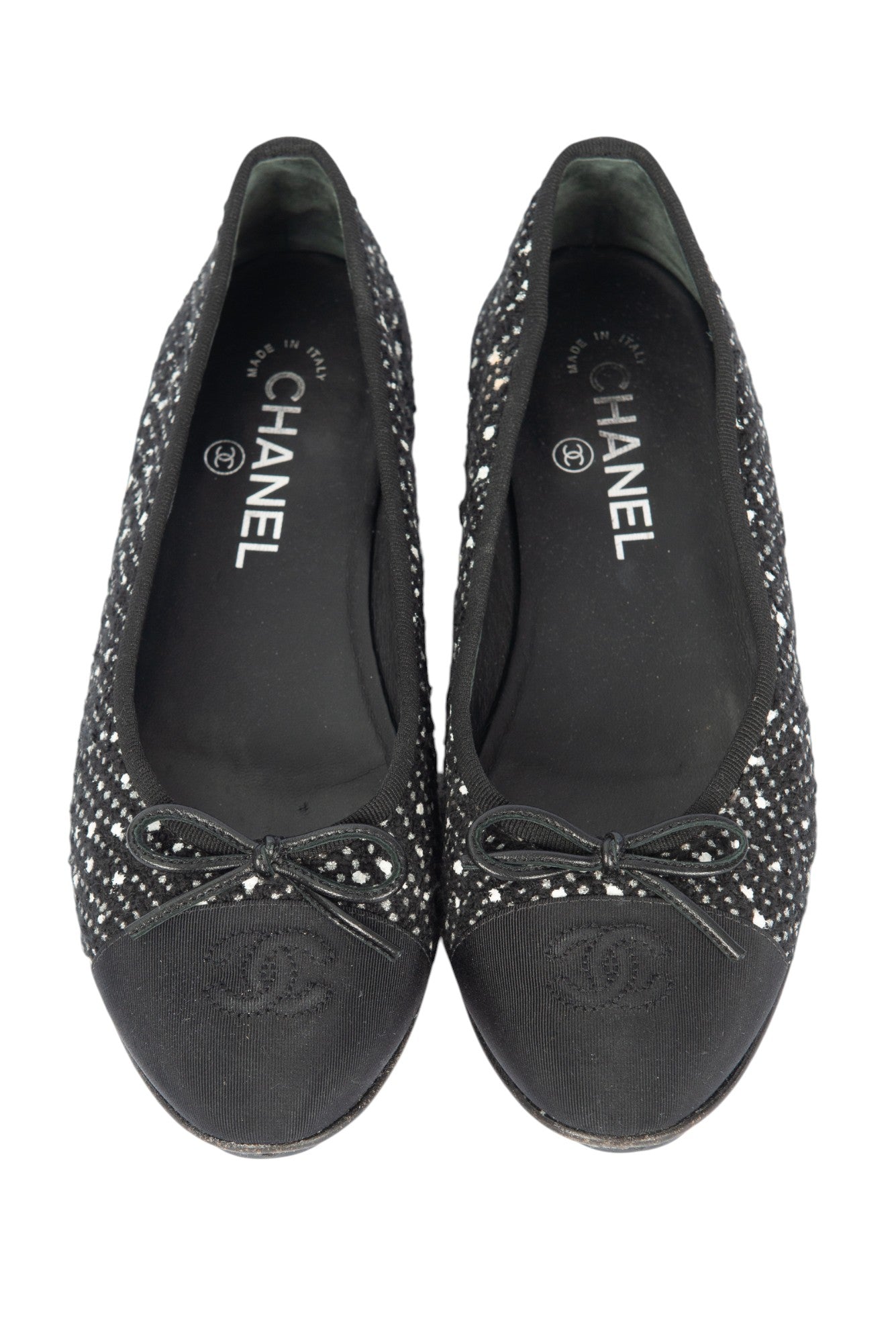 CHANEL Black Tweed CC Cap Toe Ballet Flats Size 37.5 US 7.5