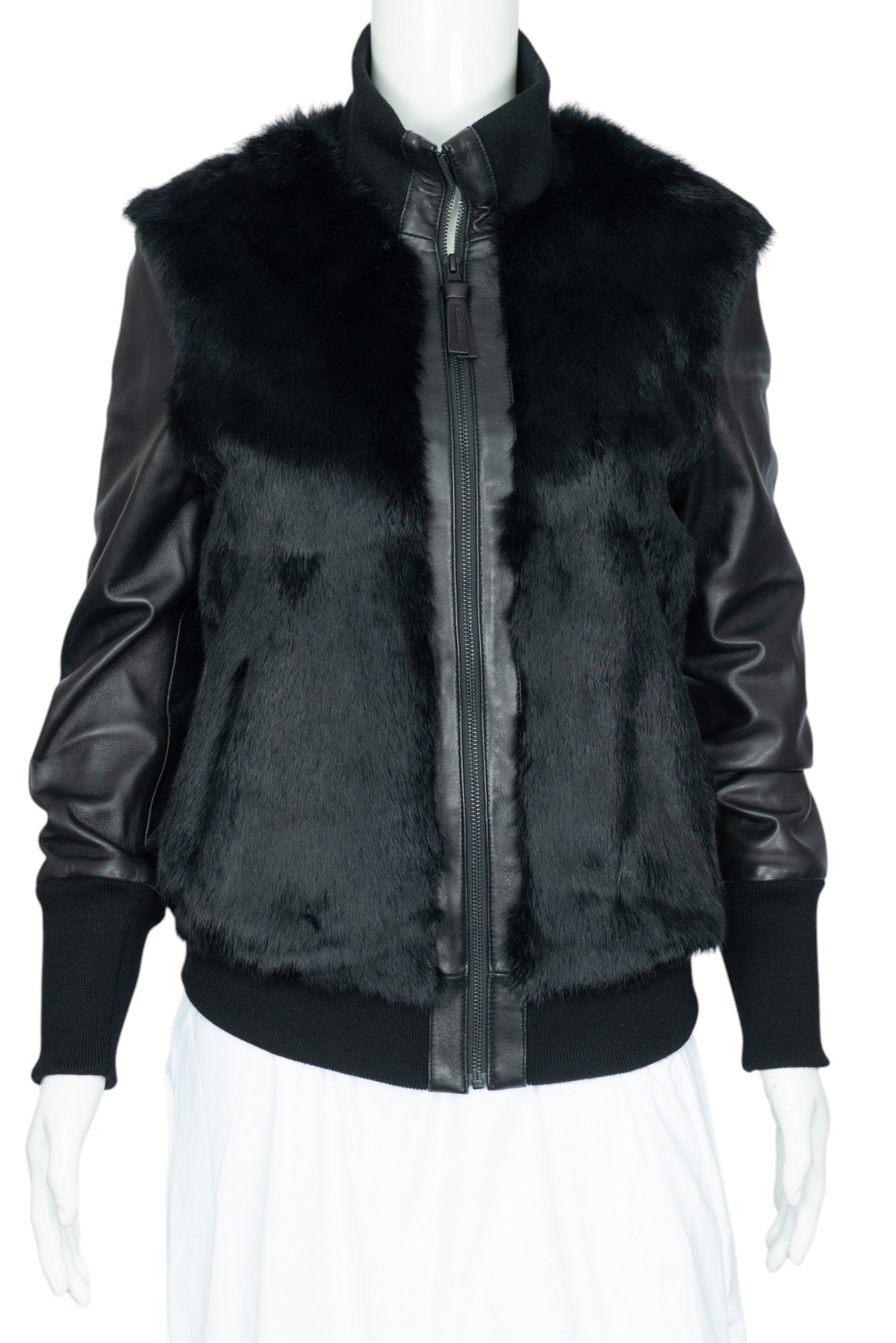 MACKAGE Black Leather Fur Trim Bomber Jacket Size XS