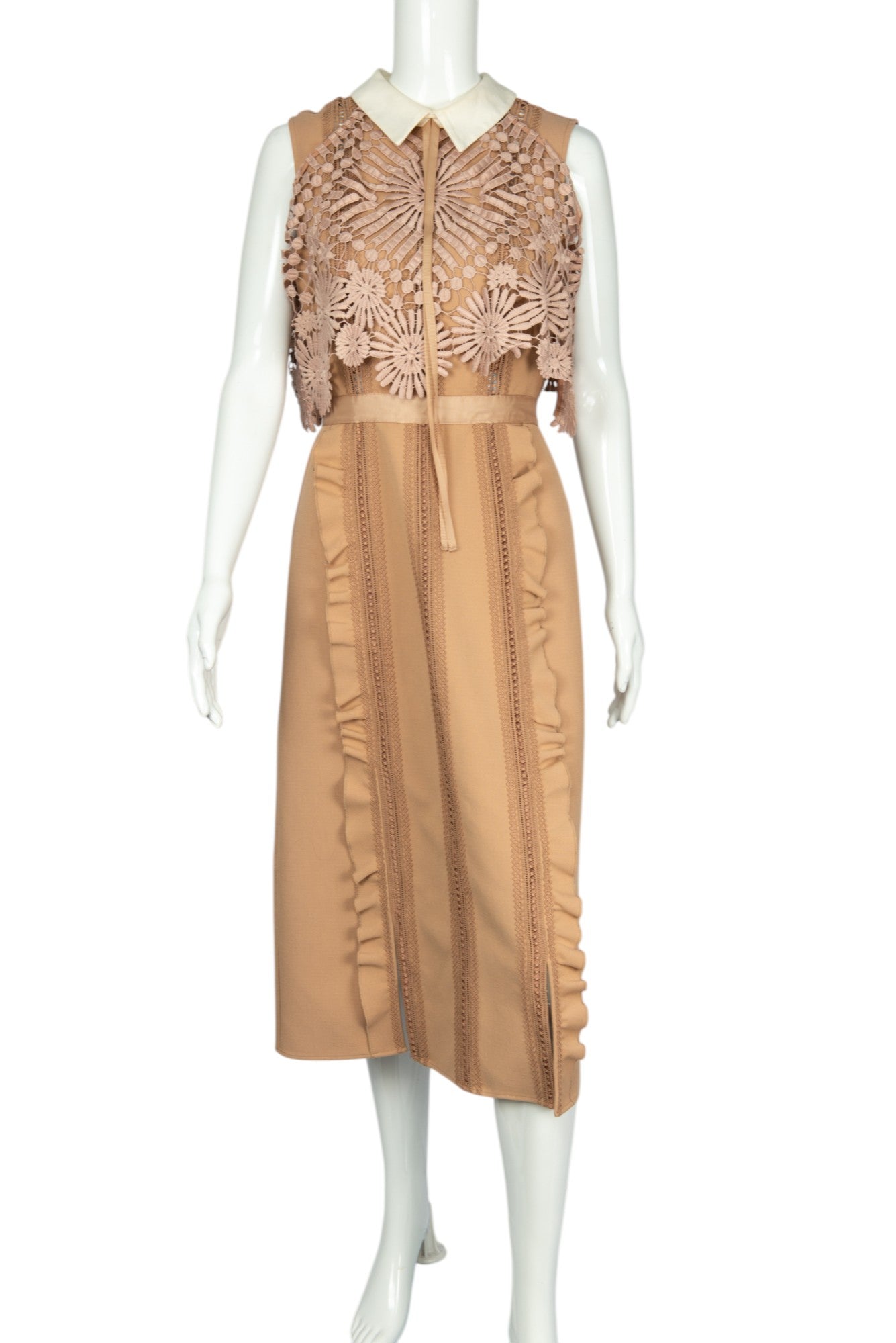 SELF-PORTRAIT Beige Crepe Lace Midi Dress Size 6