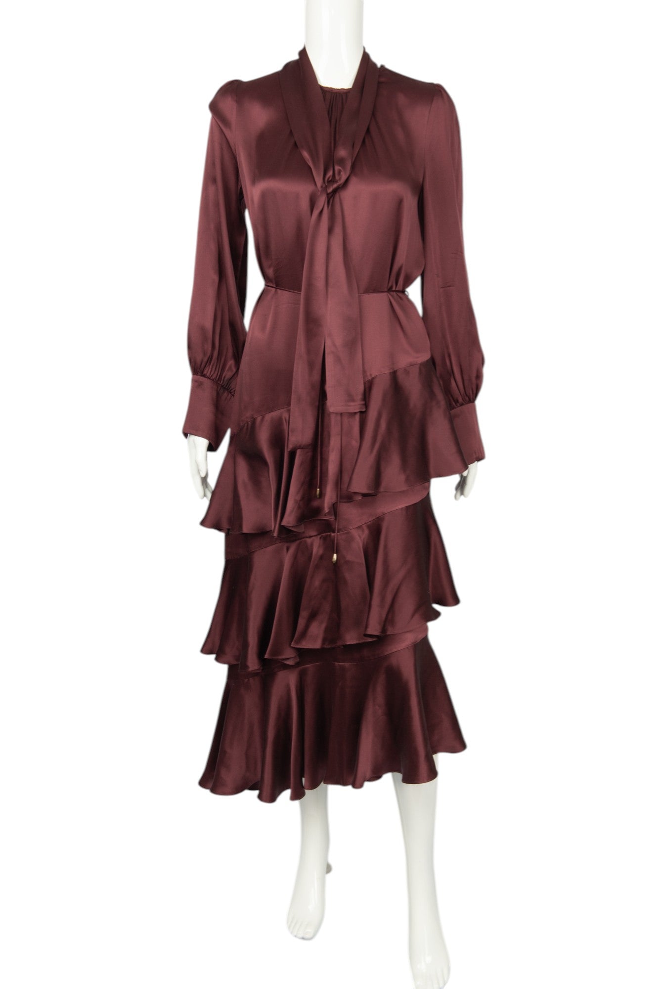 ZIMMERMANN Burgundy Silk Flounce Midi Dress Size S