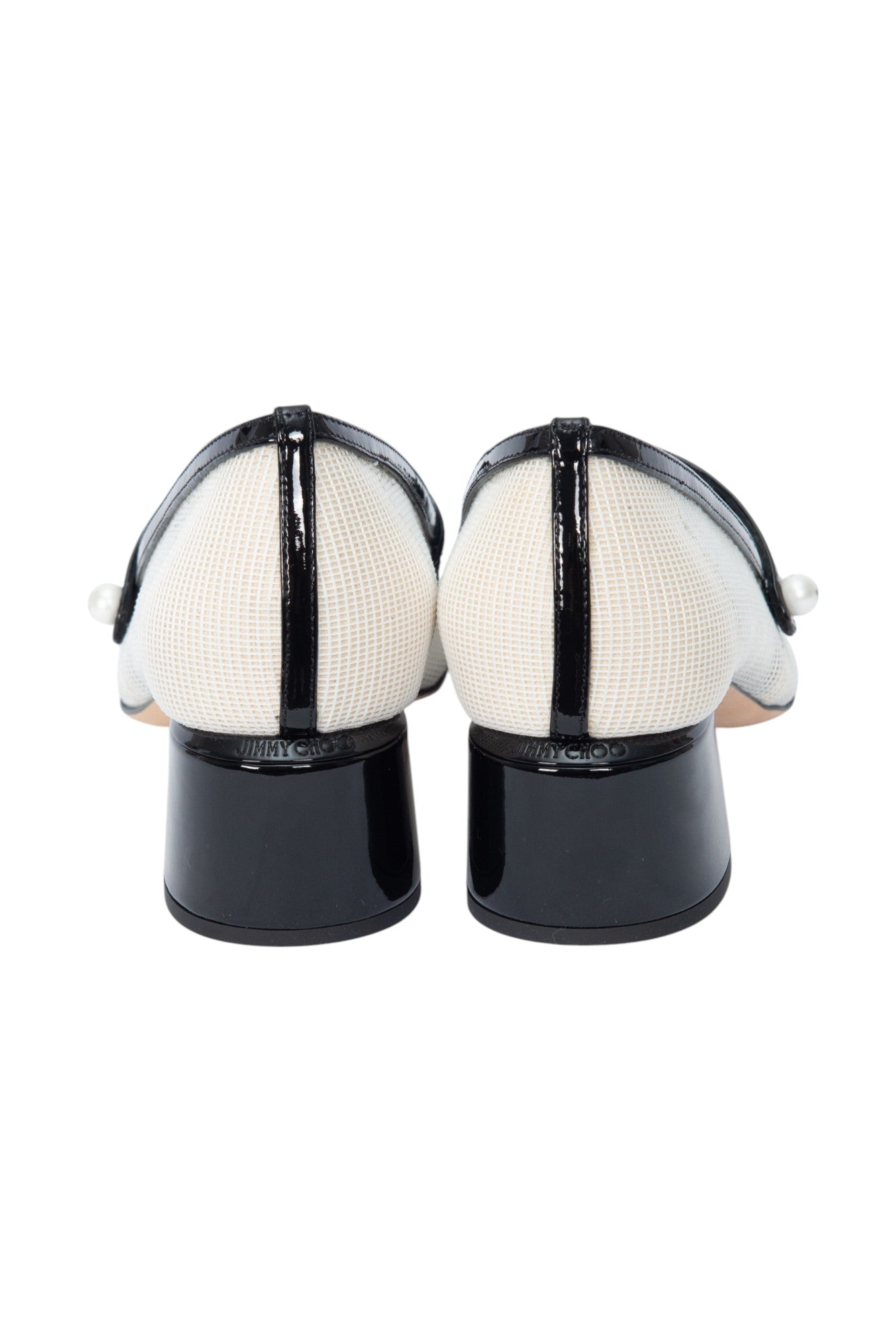 JIMMY CHOO White Black Mesh Patent Elisa 45 Heels Size 36.5 US 6.5