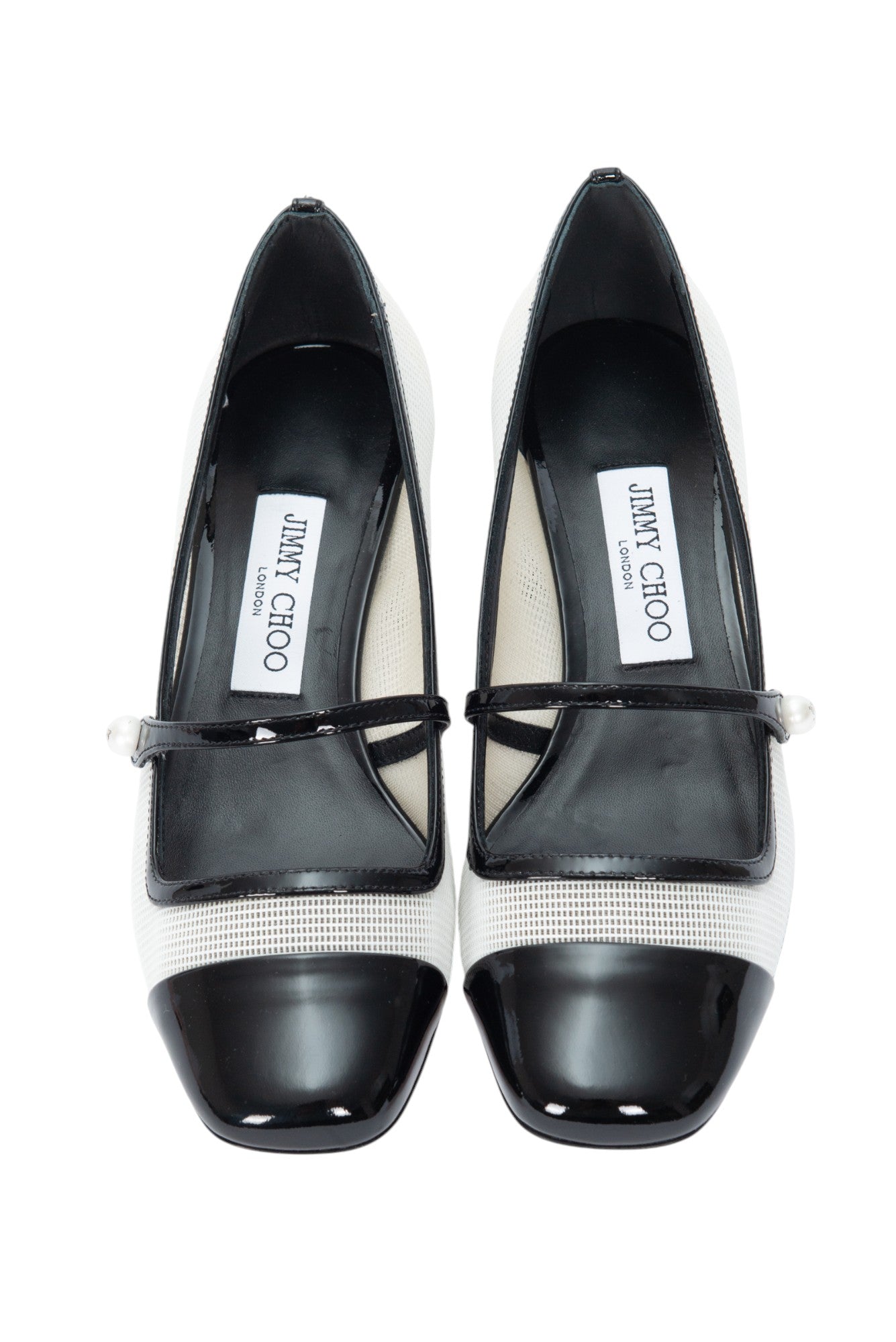 JIMMY CHOO White Black Mesh Patent Elisa 45 Heels Size 36.5 US 6.5