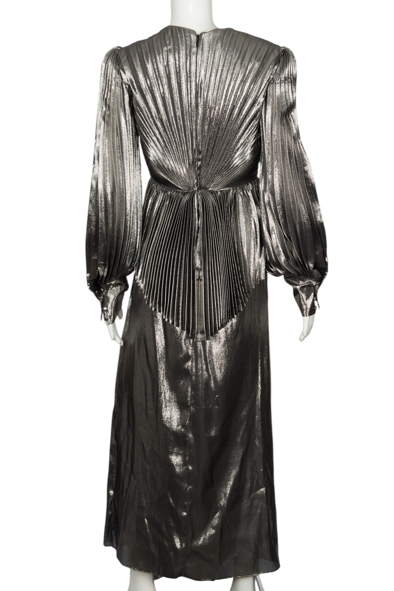 GUCCI Silver Metallic Silk Blend Balloon Sleeve Lamé Gown Size S
