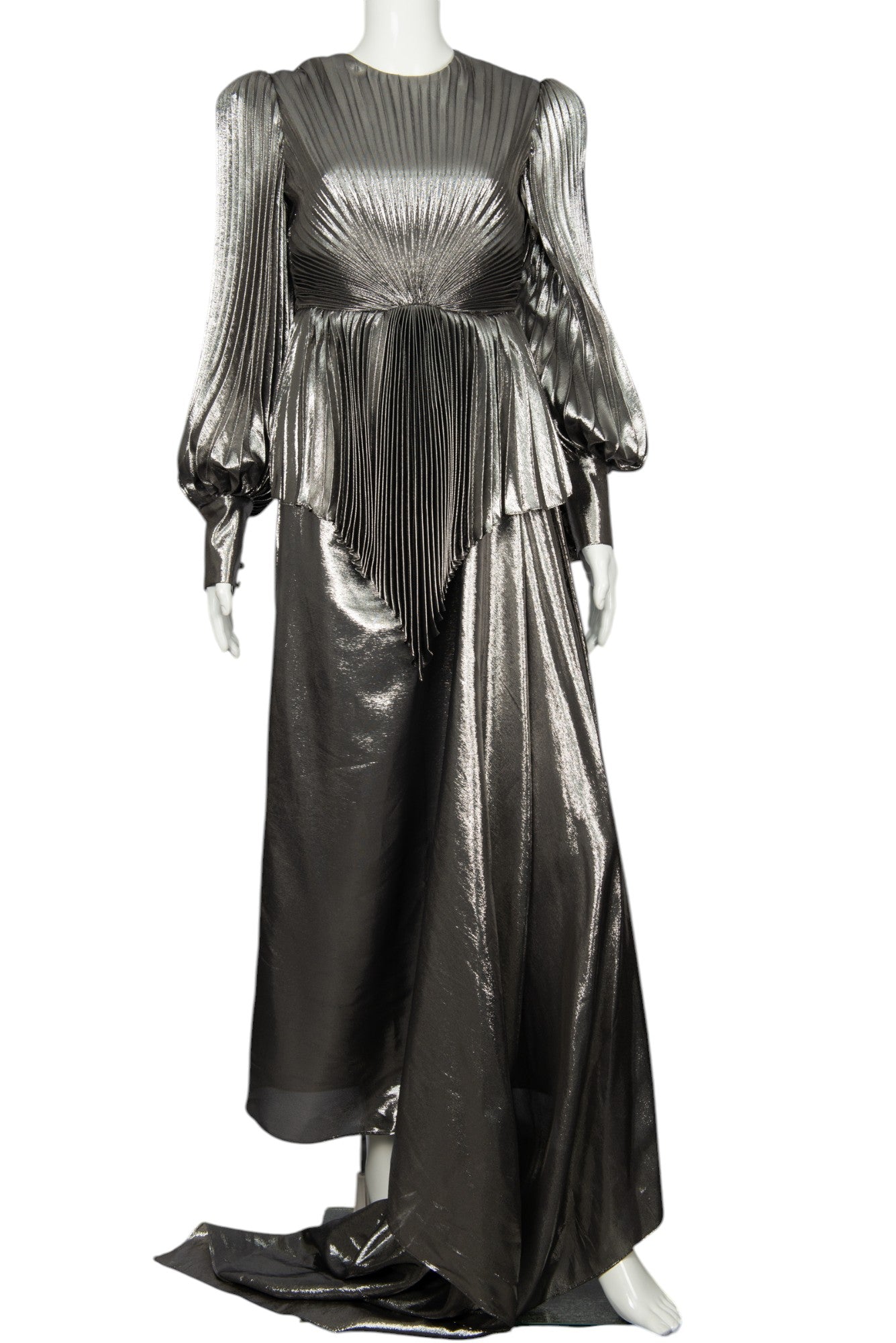 GUCCI Silver Metallic Silk Blend Balloon Sleeve Lamé Gown Size S