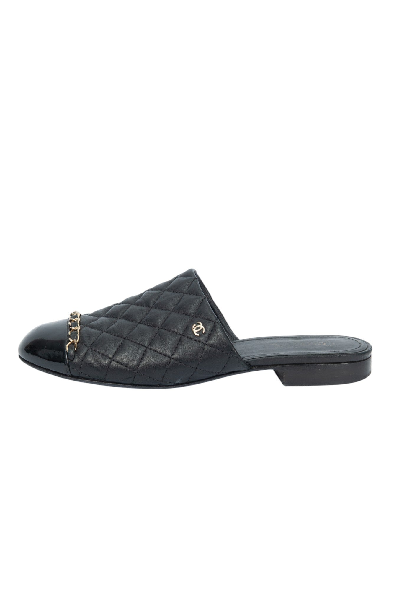 CHANEL Black Leather Quilted Chain Mules Size 38 US 8