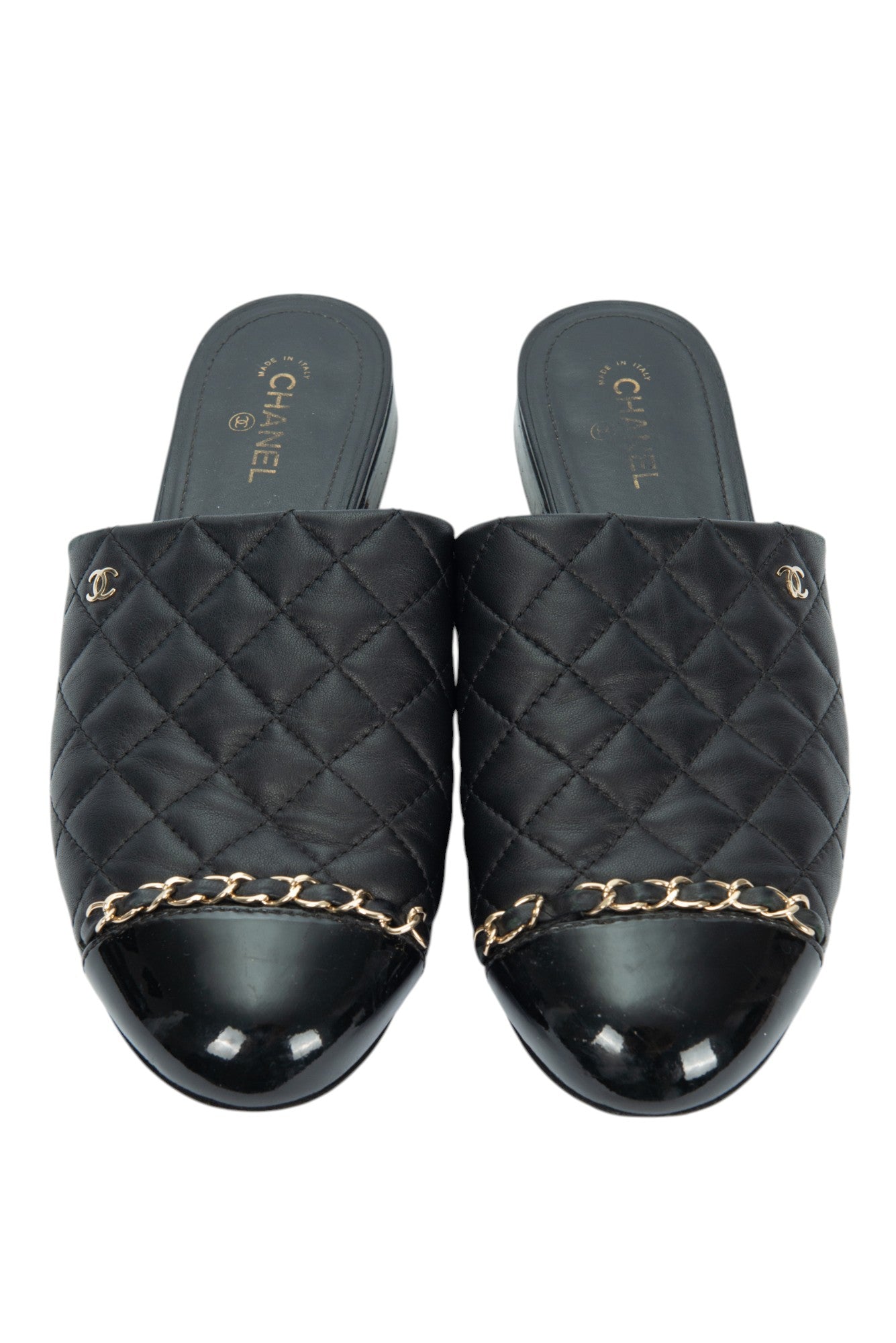 CHANEL Black Leather Quilted Chain Mules Size 38 US 8