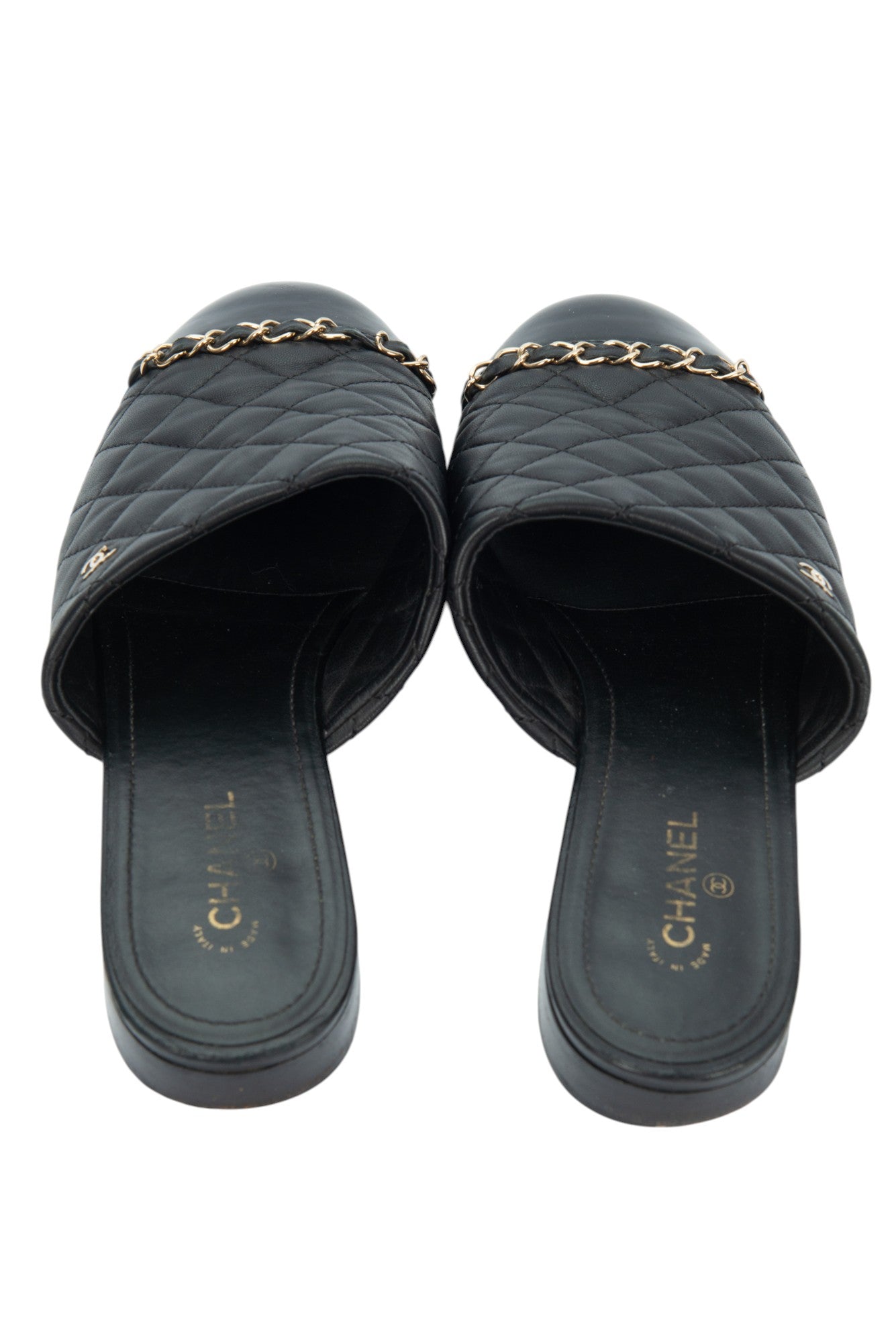 CHANEL Black Leather Quilted Chain Mules Size 38 US 8