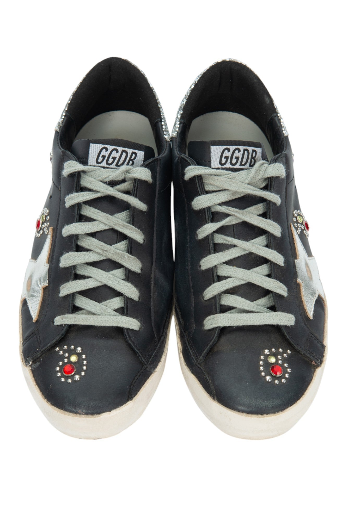 GOLDEN GOOSE Black Leather Rhinestone Superstar Sneakers Size 37 US 7