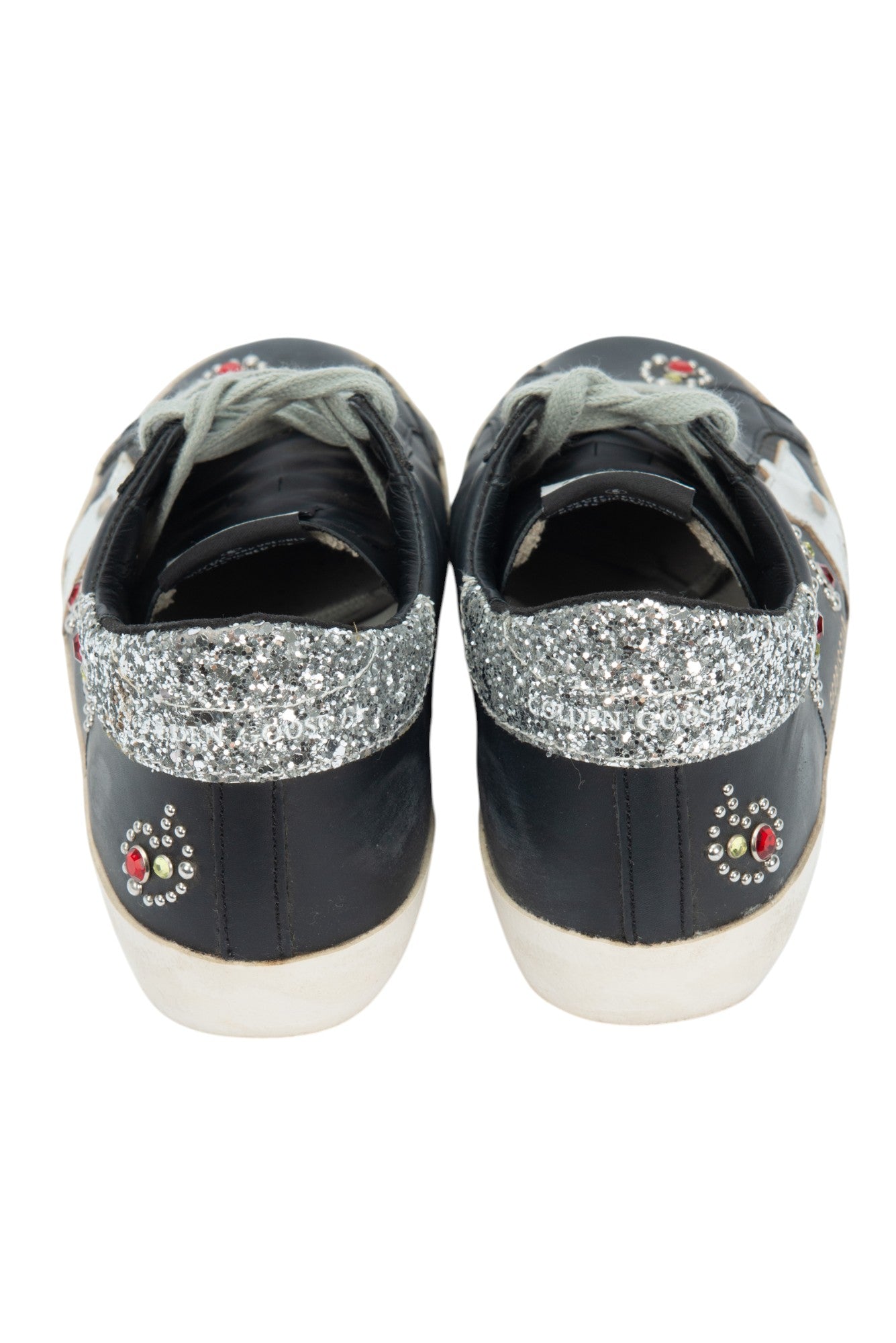 GOLDEN GOOSE Black Leather Rhinestone Superstar Sneakers Size 37 US 7