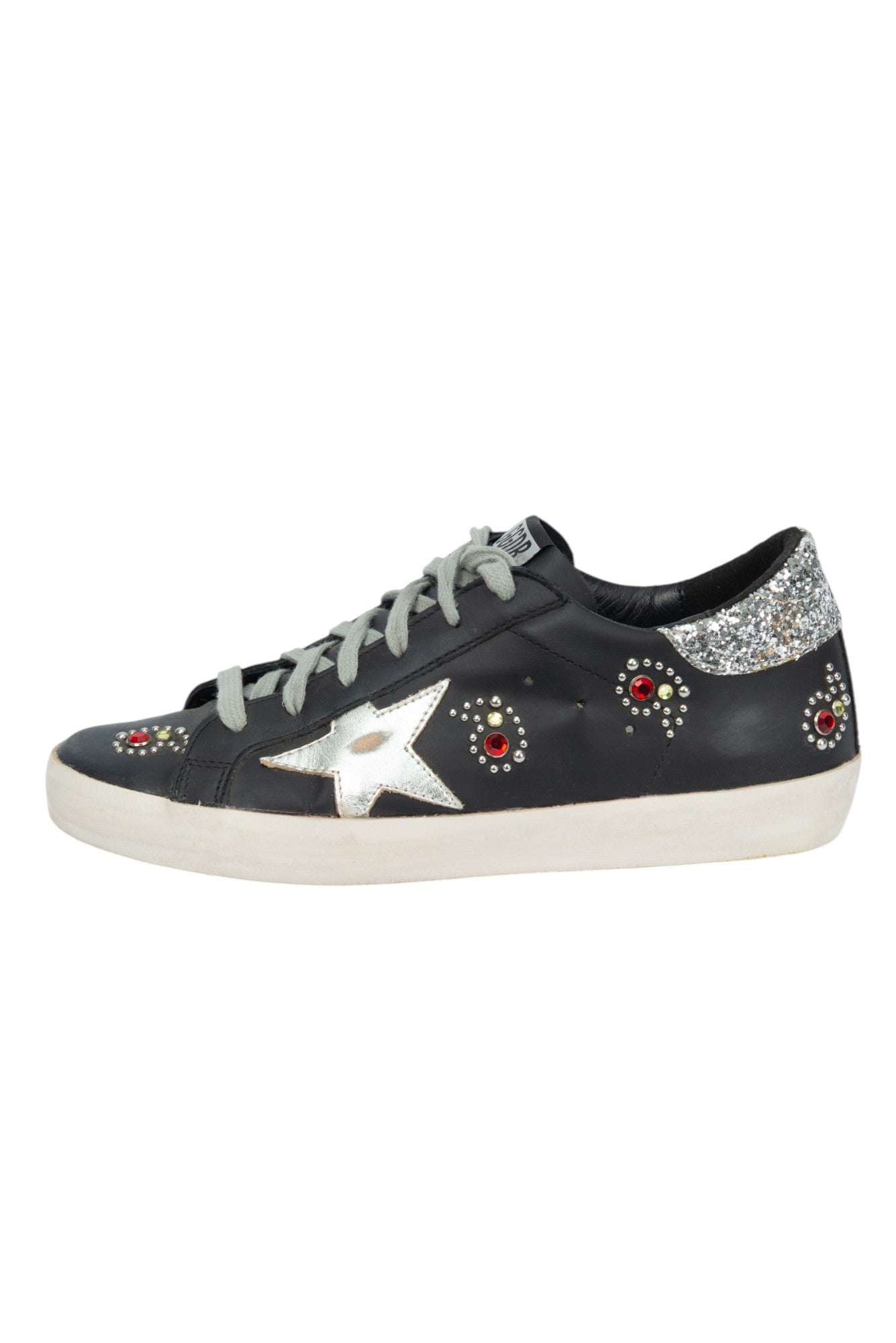 GOLDEN GOOSE Black Leather Rhinestone Superstar Sneakers Size 37 US 7