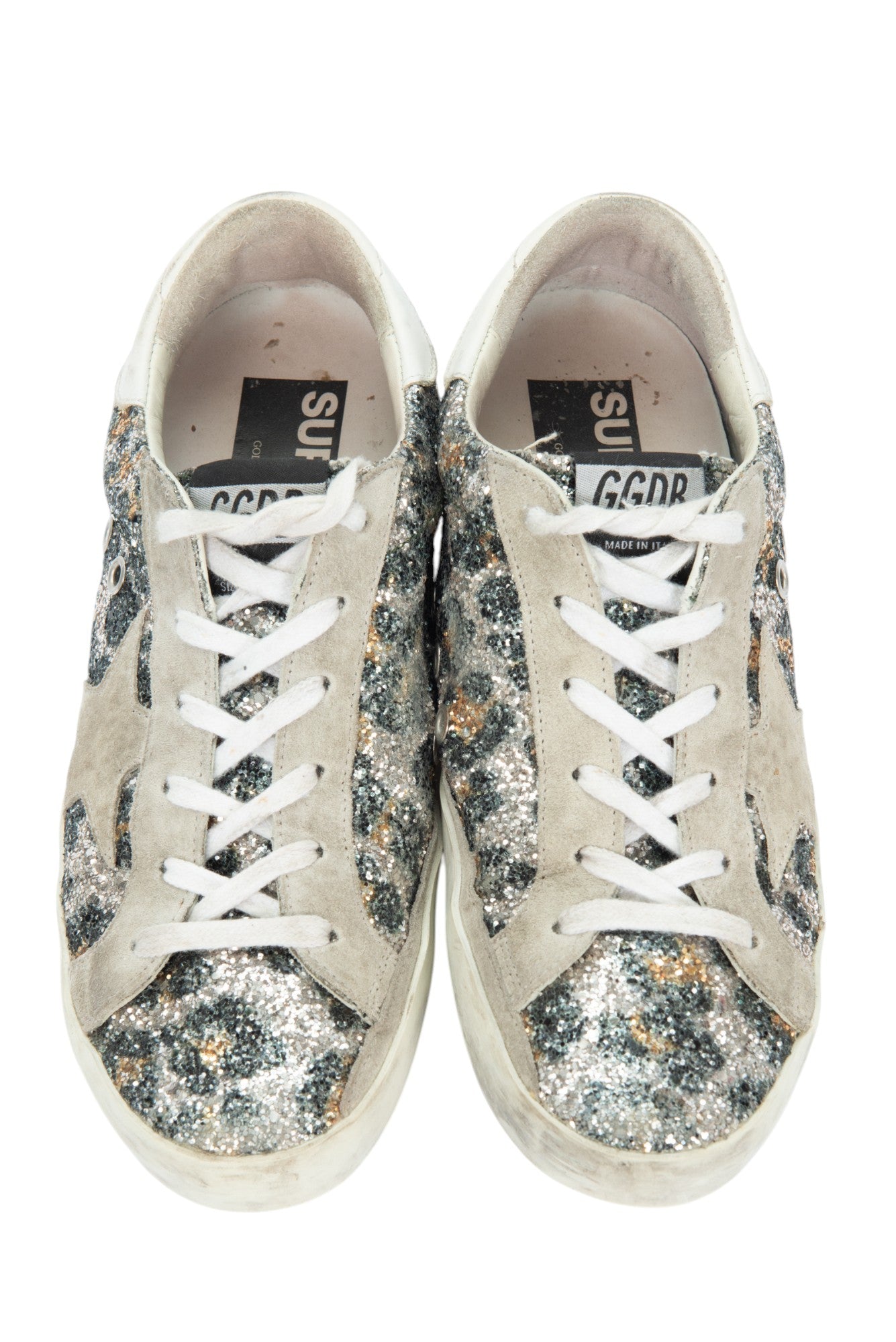GOLDEN GOOSE Grey Glitter Suede Leopard Print Superstar Sneakers Size 37 US 7