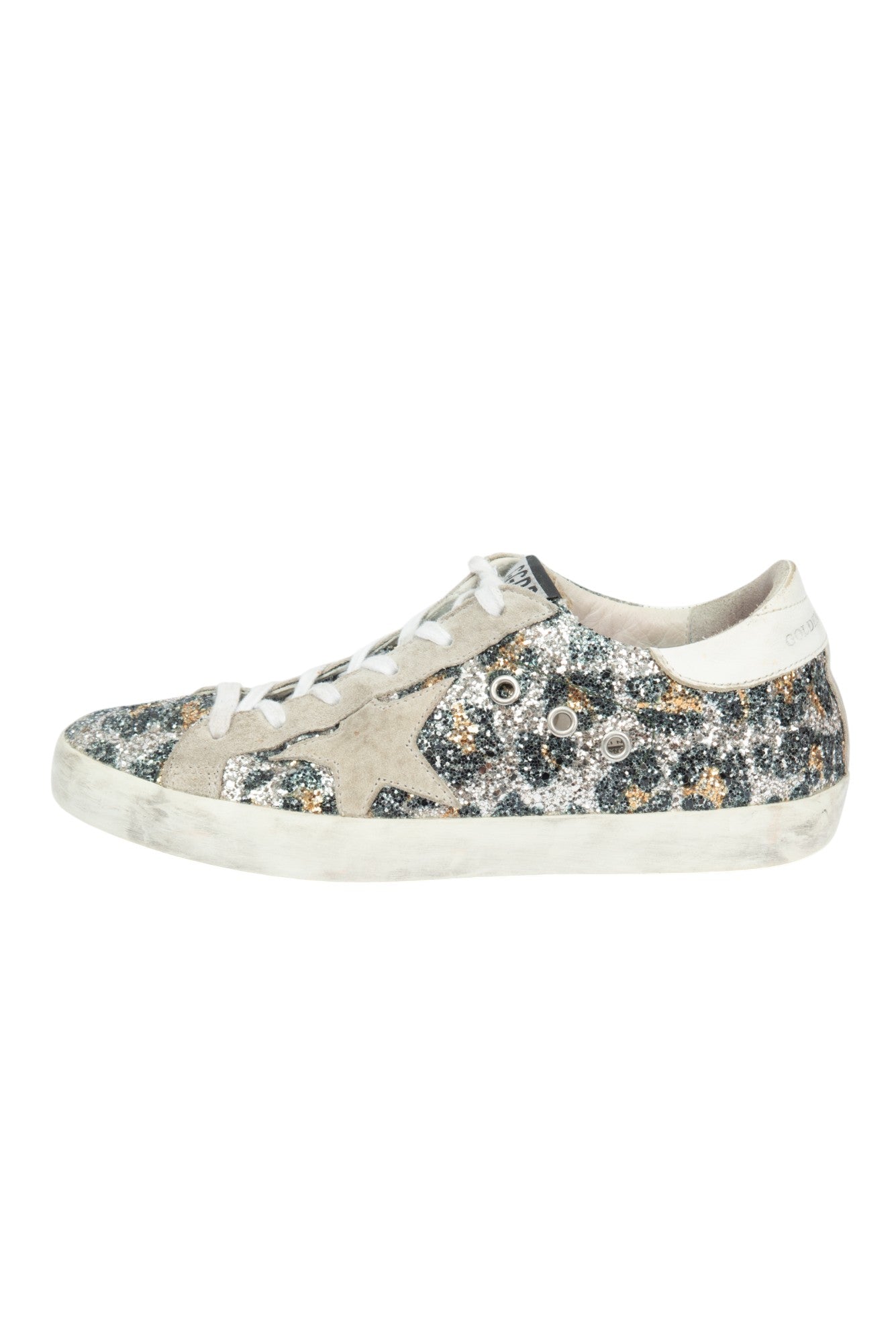 GOLDEN GOOSE Grey Glitter Suede Leopard Print Superstar Sneakers Size 37 US 7