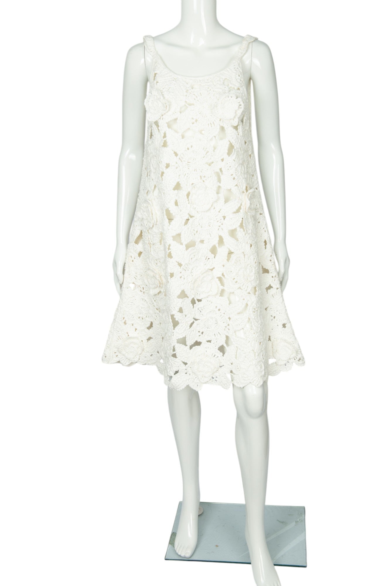 OSCAR DE LA RENTA White Cotton Crochet Mini Trapeze Dress Size M
