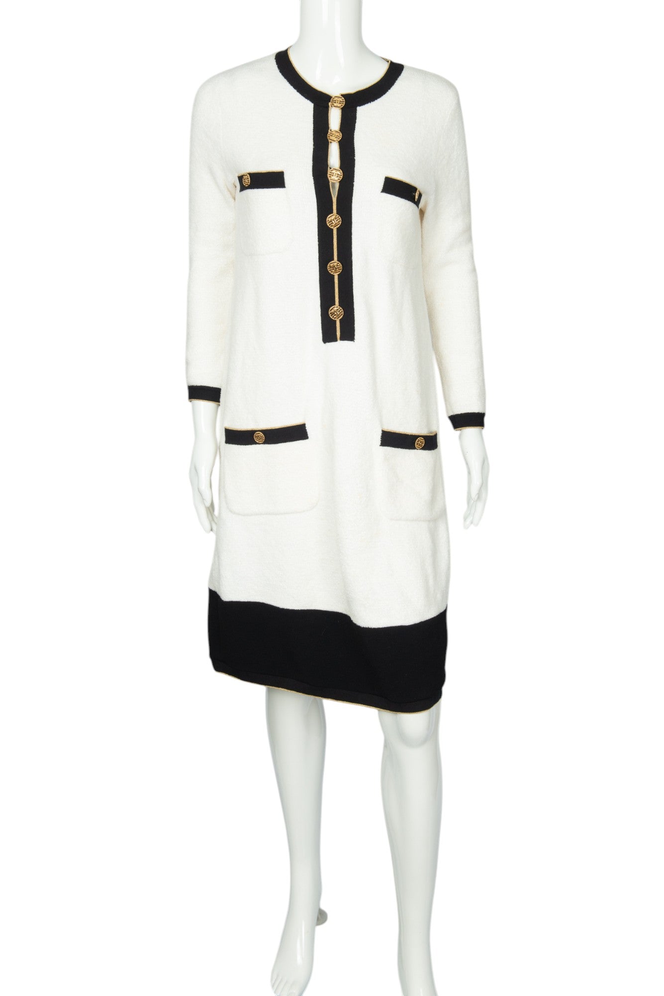 CHANEL White Terry Cotton Knit Button-Embellished Mini Dress Size 38 US 6