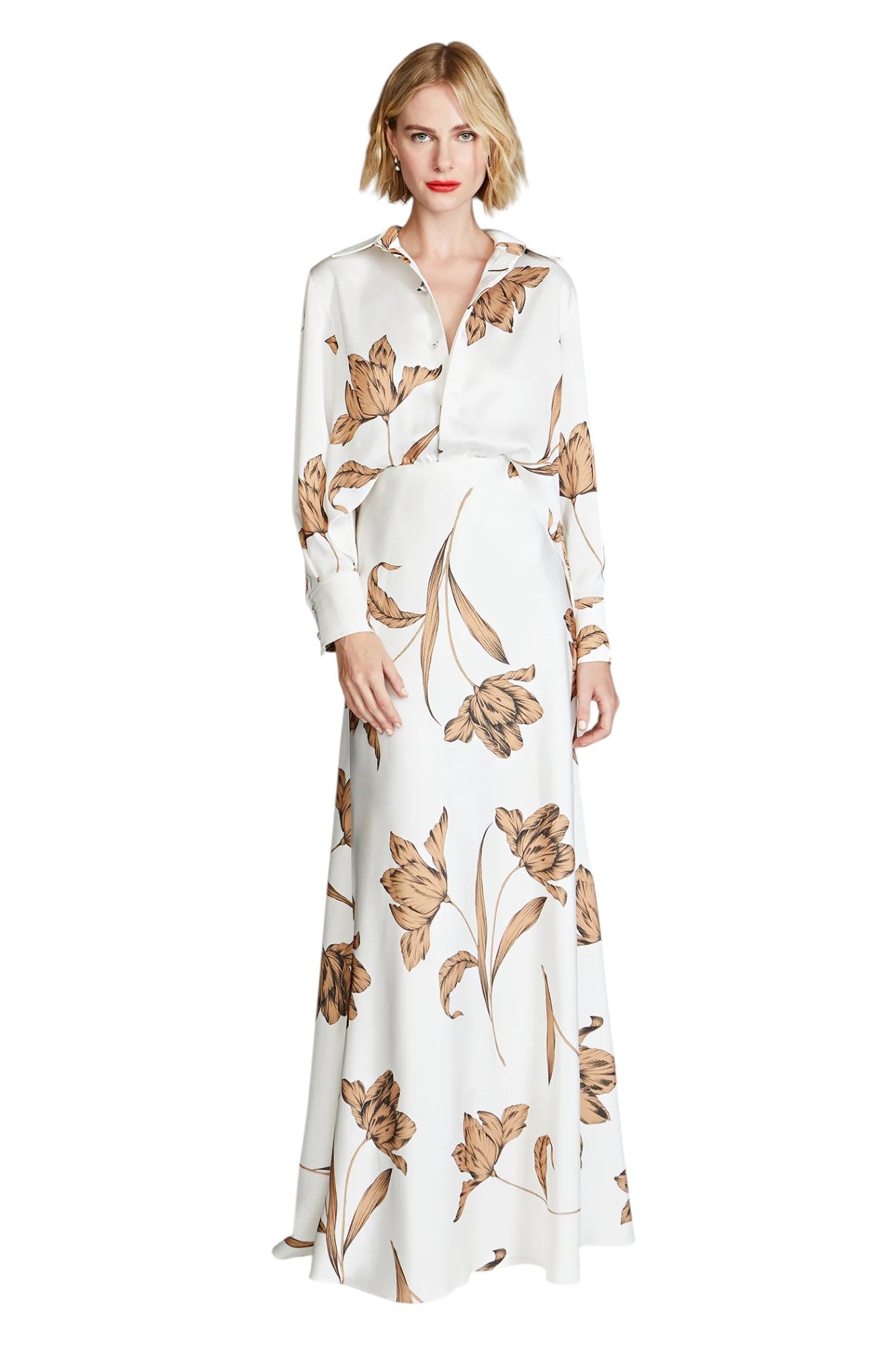 HALSTON White Satin Floral Maxi Dress Size L